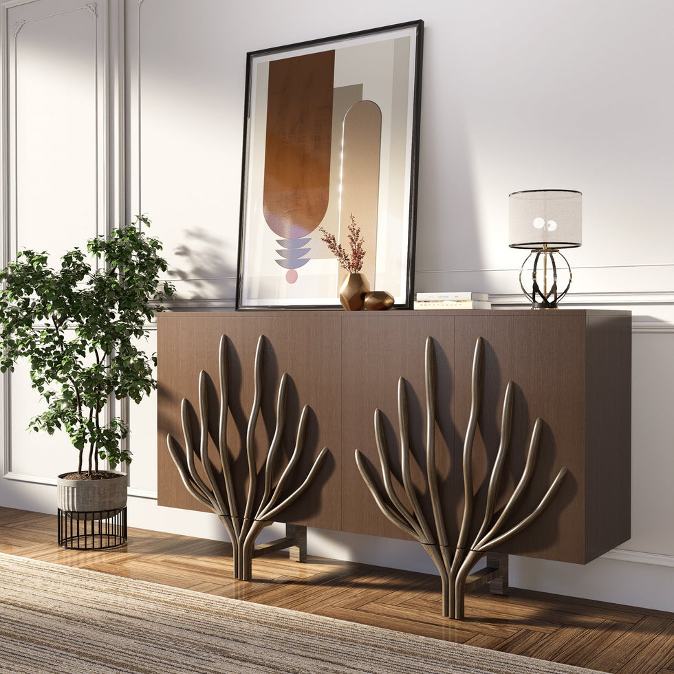 HMR - 63" Sideboard Branch Design Mid Century Modern Buffet with 2 Doors 2 Shelves