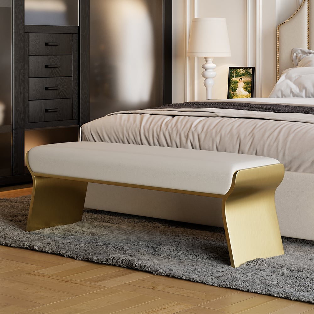 HMR - Upart Beige Modern Stainless Steel Bench Leath-Aire Upholstered Bedroom Long Bench