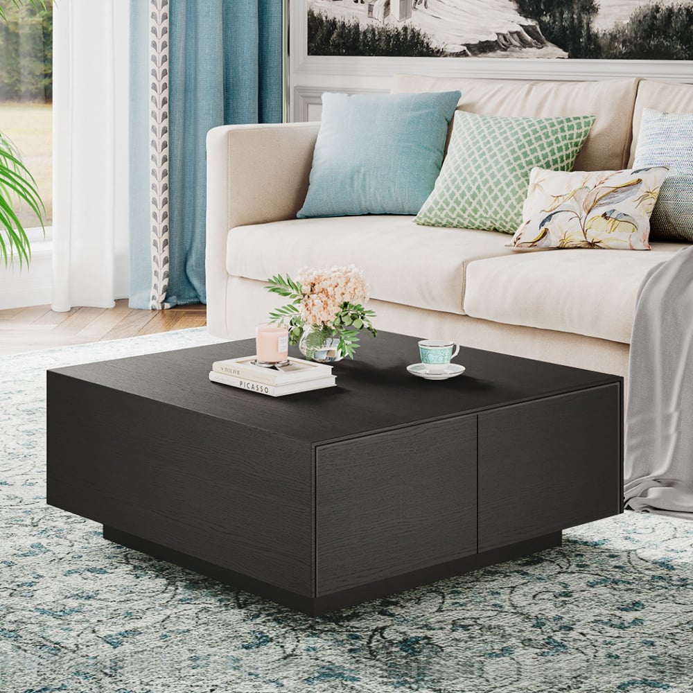 HMR - 35" Square Concrete Veneer Block Coffee Table with 4 Drawers