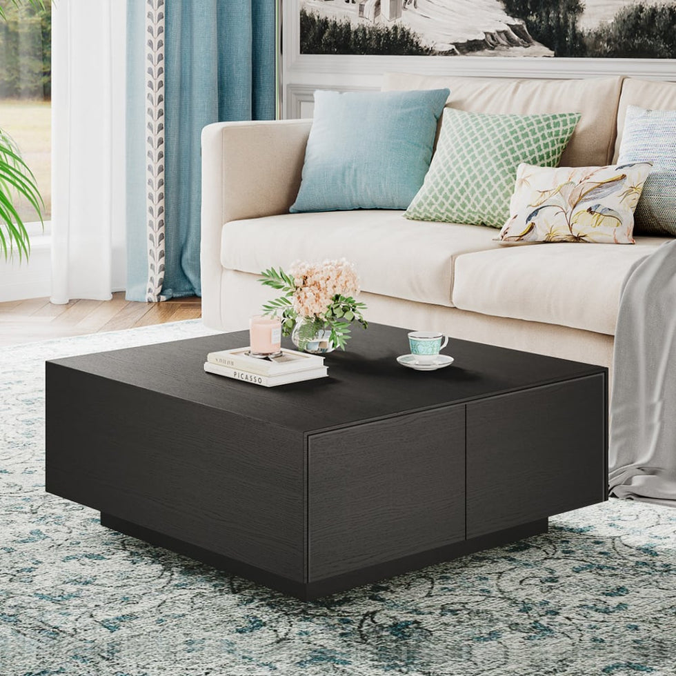 HMR - 35" Square Concrete Veneer Block Coffee Table with 4 Drawers