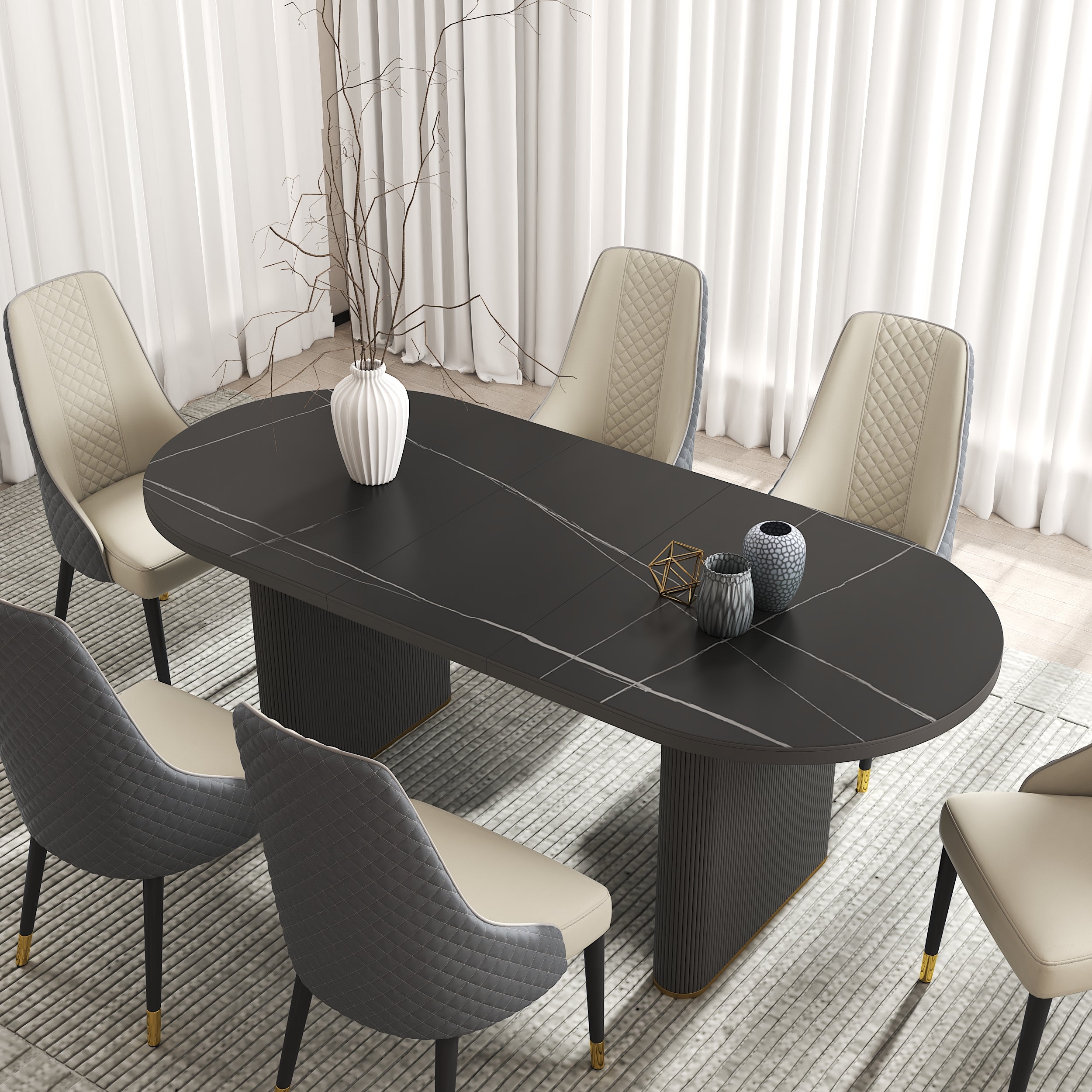 HMR - 79''-95'' Oval Extendable Sintered Stone Top Dining Table Seats 8-10