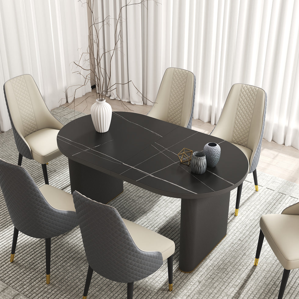 HMR - 79''-95'' Oval Extendable Sintered Stone Top Dining Table Seats 8-10