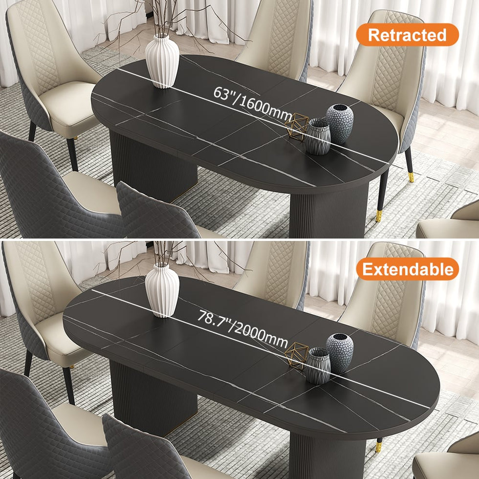 HMR - 79''-95'' Oval Extendable Sintered Stone Top Dining Table Seats 8-10