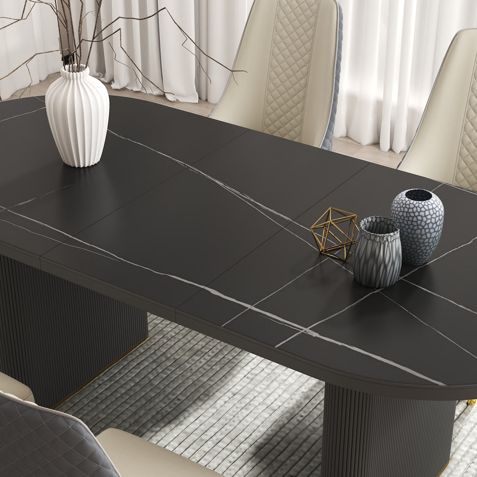 HMR - 79''-95'' Oval Extendable Sintered Stone Top Dining Table Seats 8-10