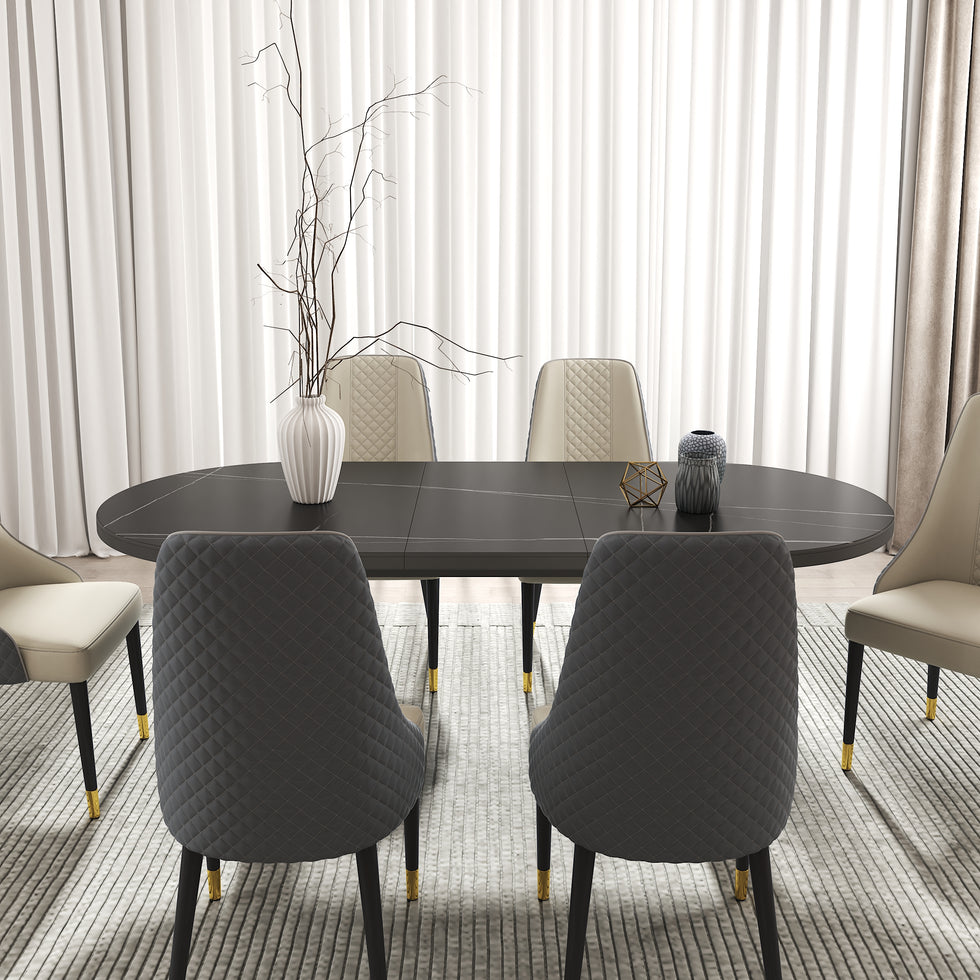 HMR - 79''-95'' Oval Extendable Sintered Stone Top Dining Table Seats 8-10