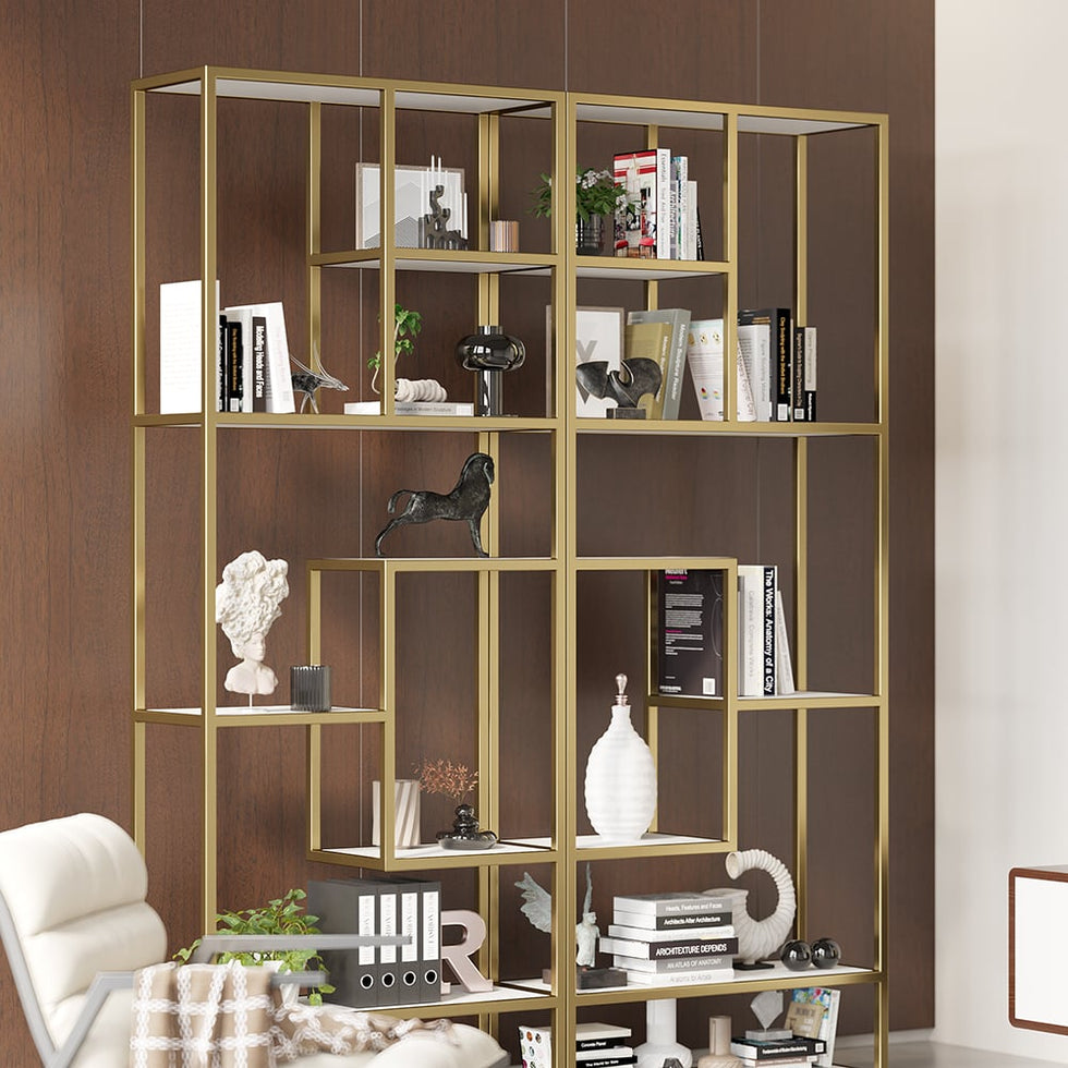 HMR - 78" Modern White & Gold Etagere Bookshelf Display 8-Shelf Tall Book Shelf Rich Storage
