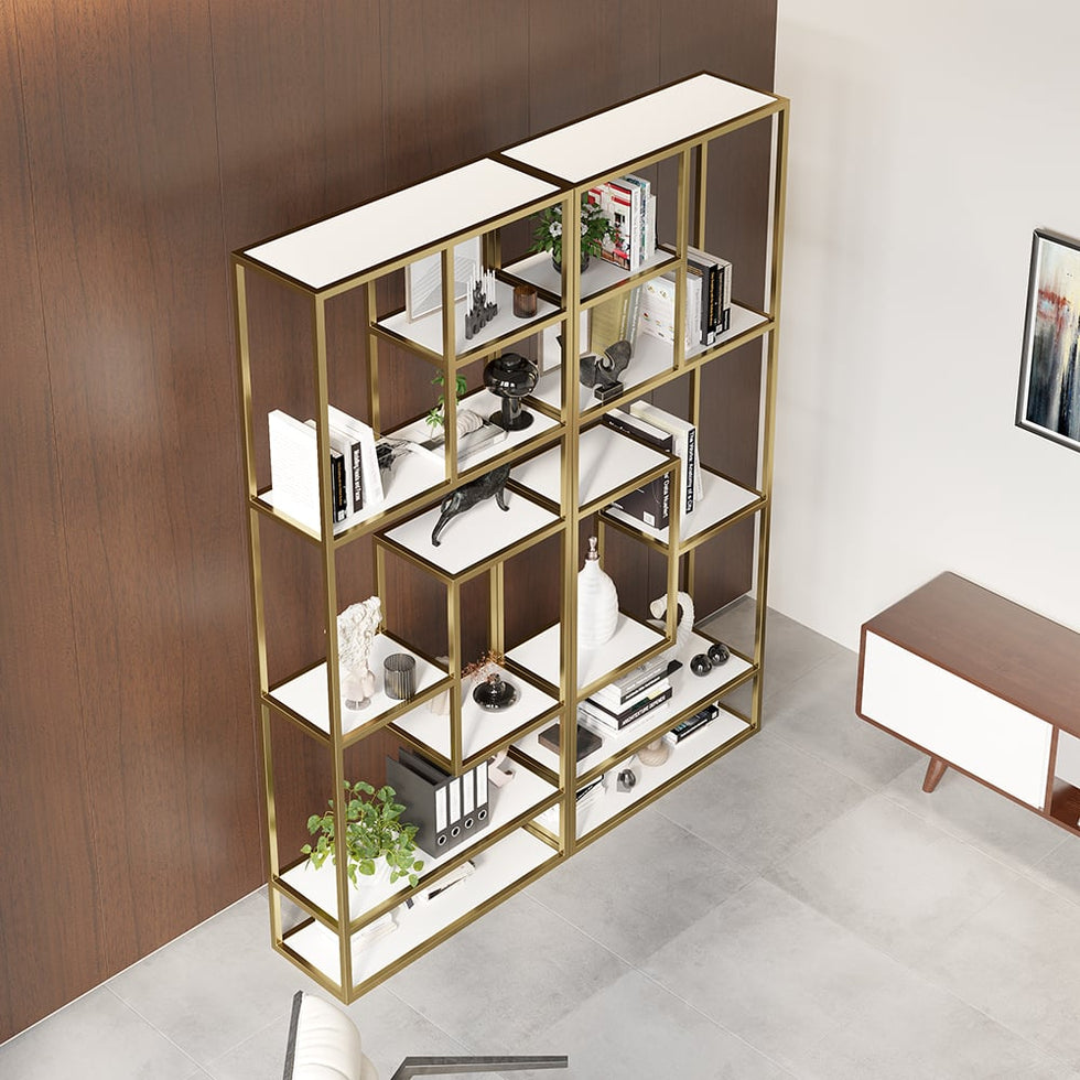 HMR - 78" Modern White & Gold Etagere Bookshelf Display 8-Shelf Tall Book Shelf Rich Storage