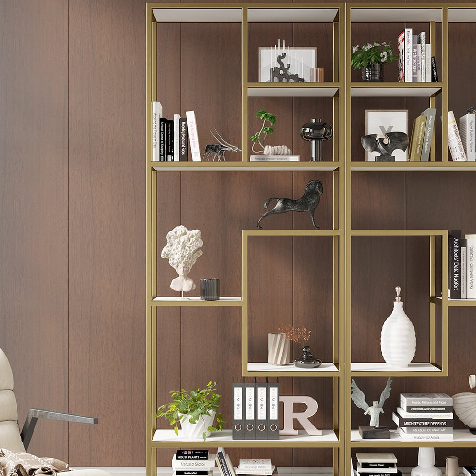 HMR - 78" Modern White & Gold Etagere Bookshelf Display 8-Shelf Tall Book Shelf Rich Storage