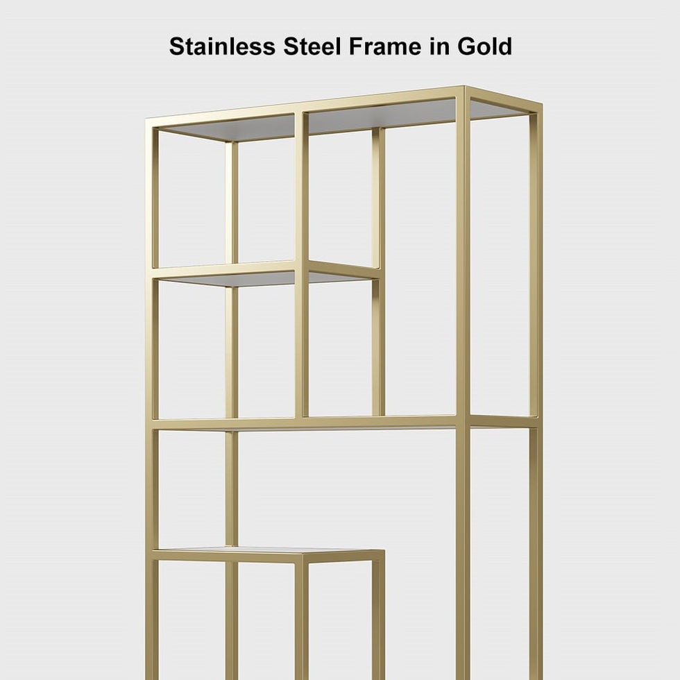 HMR - 78" Modern White & Gold Etagere Bookshelf Display 8-Shelf Tall Book Shelf Rich Storage