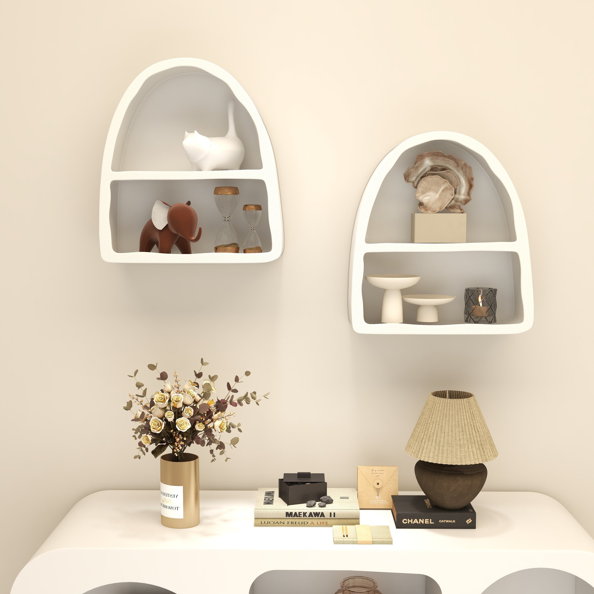 HMR - Codiys Art Deco White Arched Wall Mounted Shelf Wood Floating Shelf with Open Storage