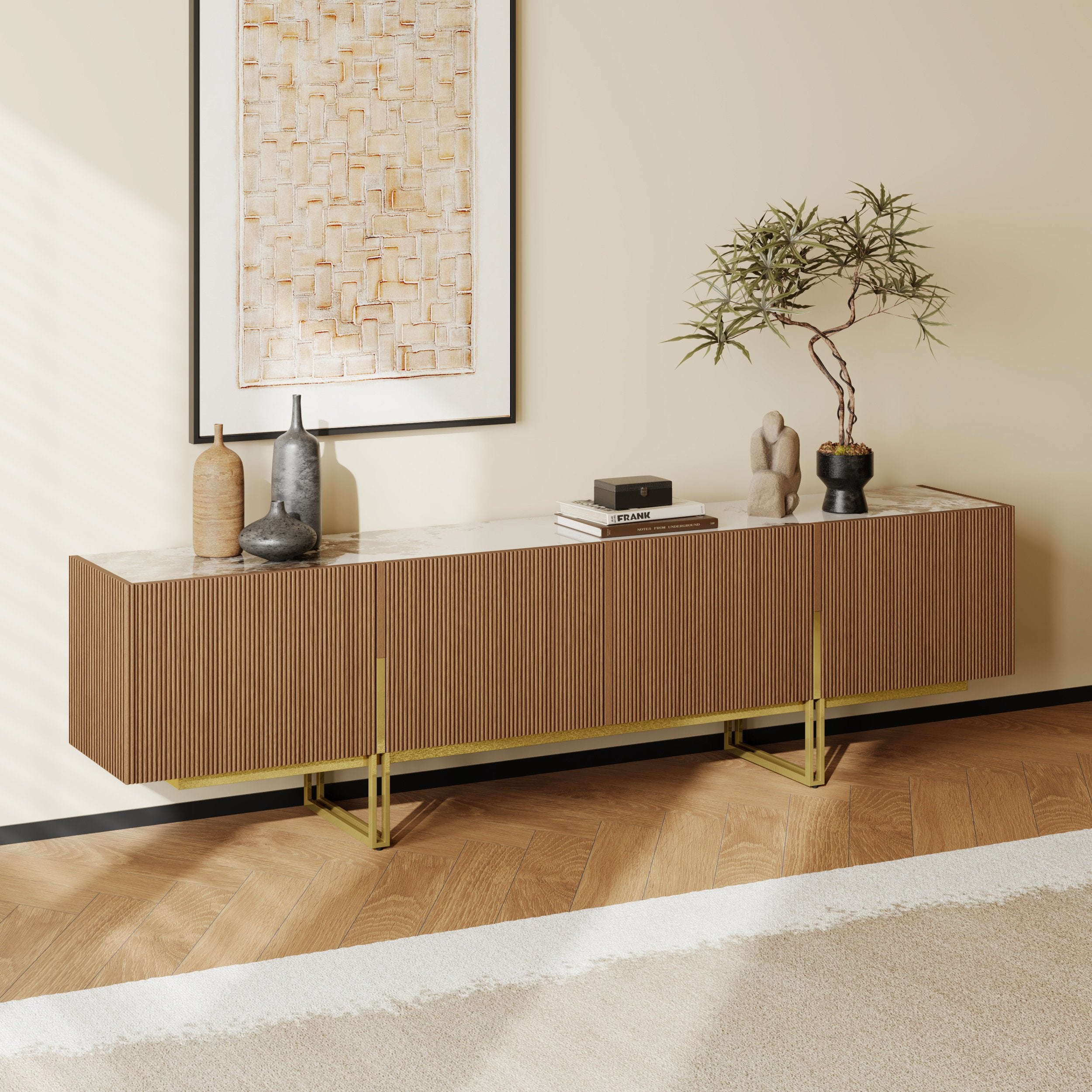 HMR - Grovyn Sintered Stone Top Fluted TV Stand with Storage