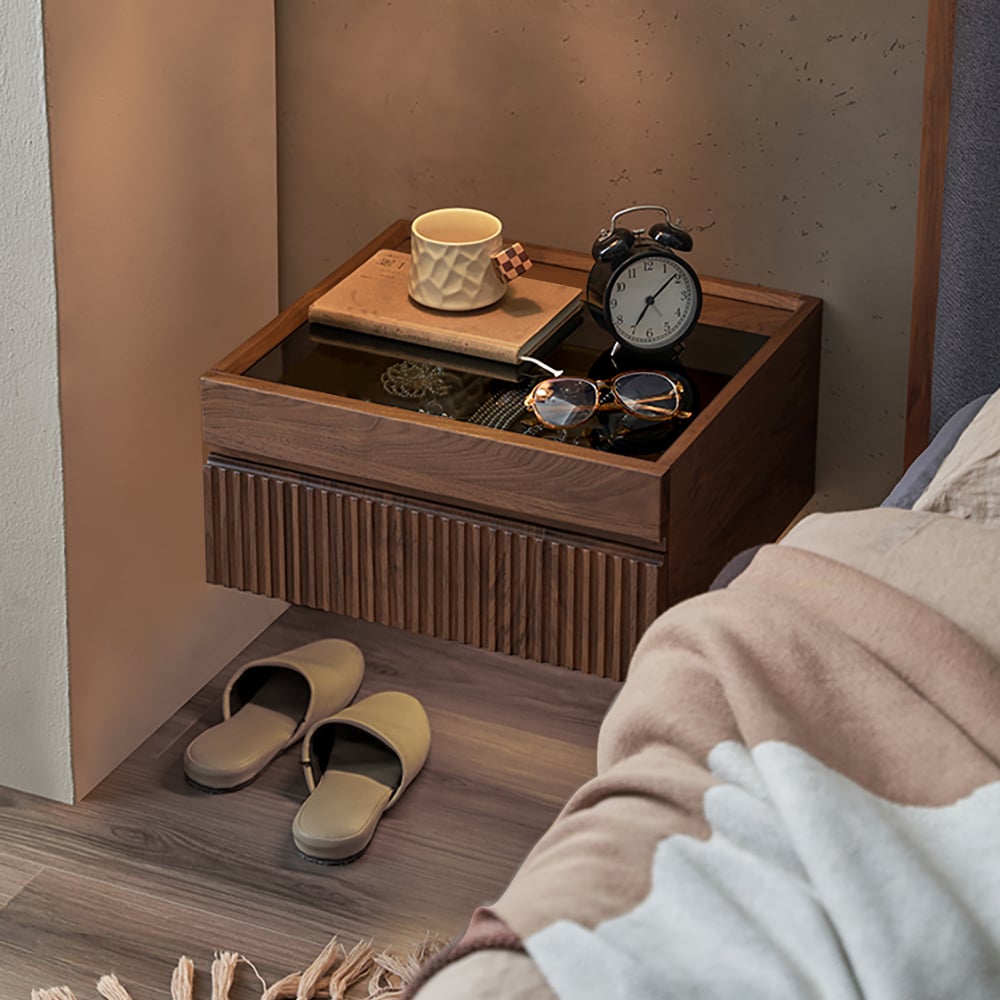 HMR - Modern Floating Nightstand with Glass Top & Jewelry Storage Bedside Table