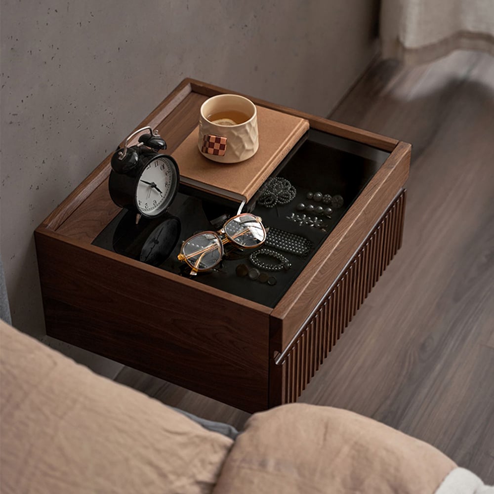 HMR - Modern Floating Nightstand with Glass Top & Jewelry Storage Bedside Table