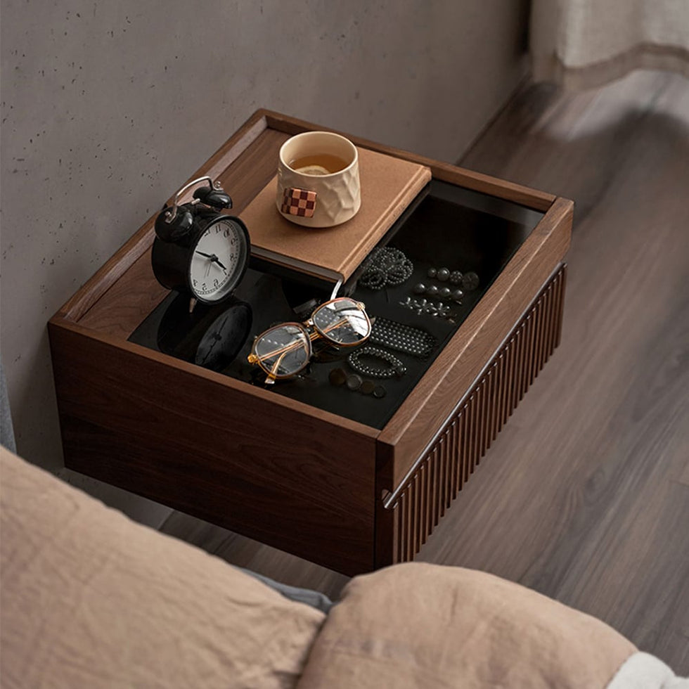 HMR - Modern Floating Nightstand with Glass Top & Jewelry Storage Bedside Table