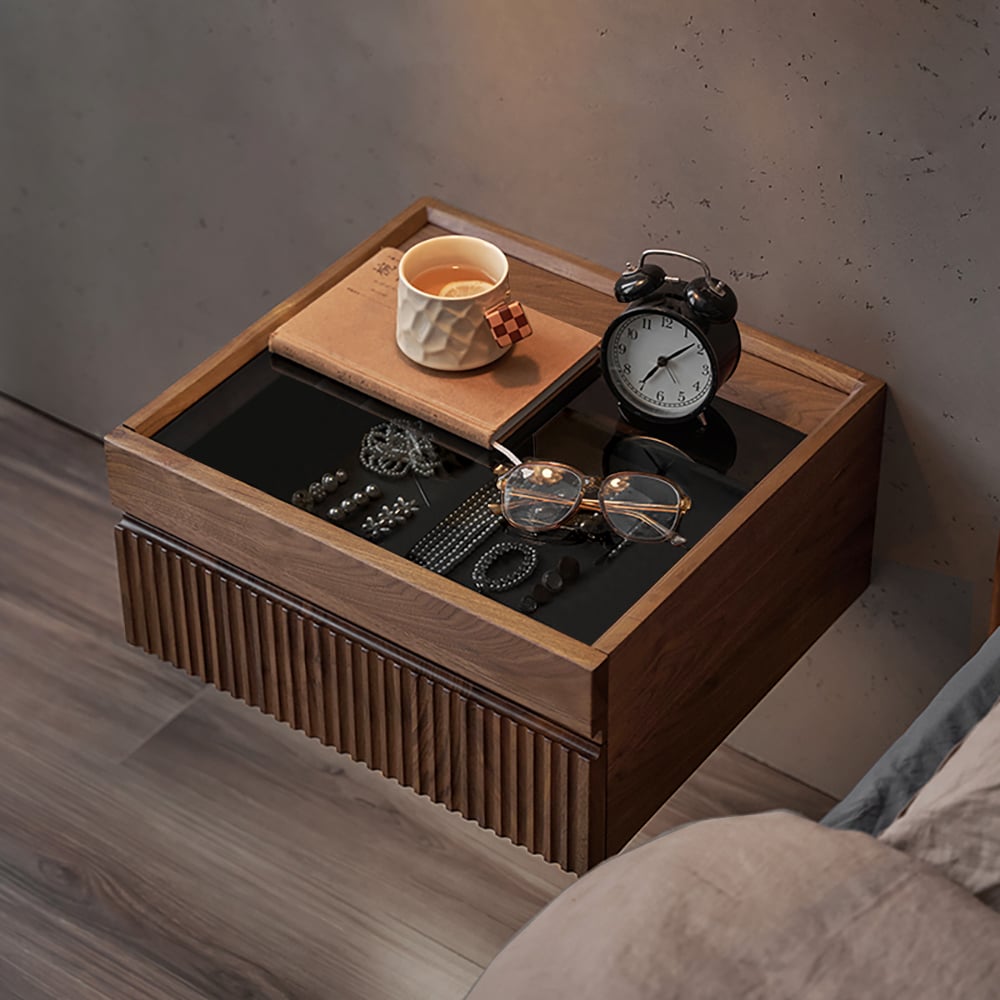 HMR - Modern Floating Nightstand with Glass Top & Jewelry Storage Bedside Table