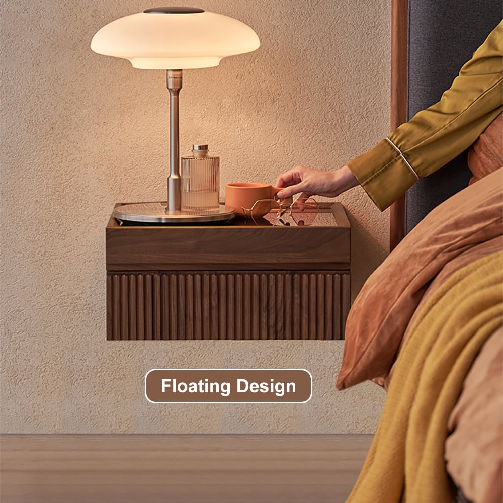 HMR - Modern Floating Nightstand with Glass Top & Jewelry Storage Bedside Table
