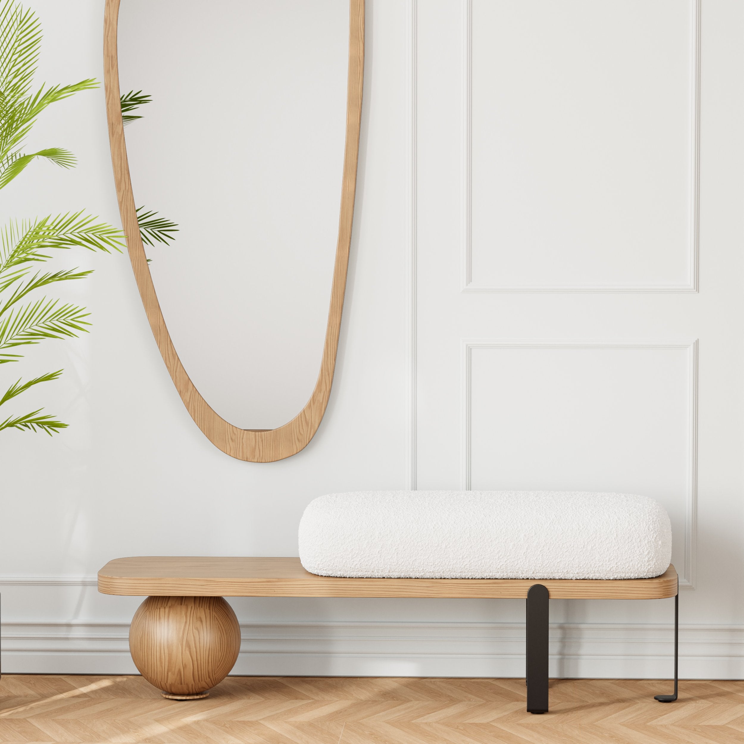HMR - Wooden Entryway Bench Fleece Upholstered with Abstract Metal Legs