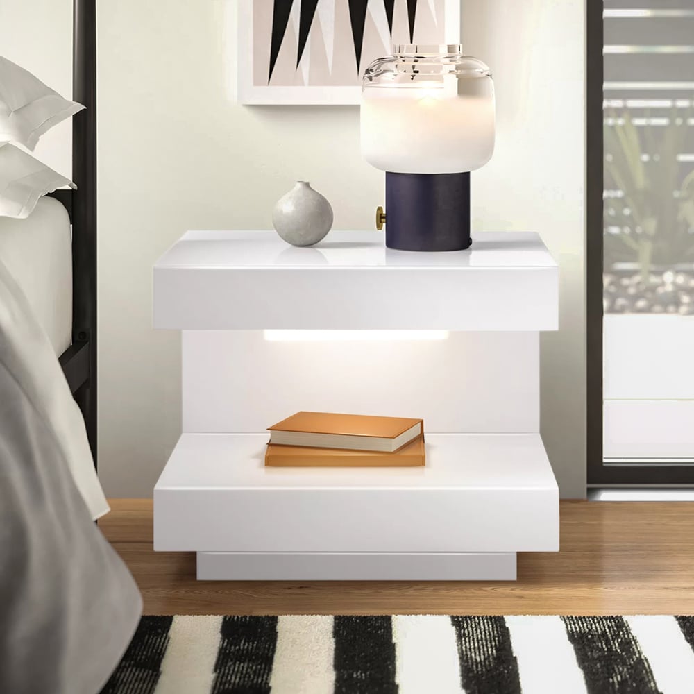 HMR - Wood Nightstand with 1 Drawer Cshaped Side Table with Light