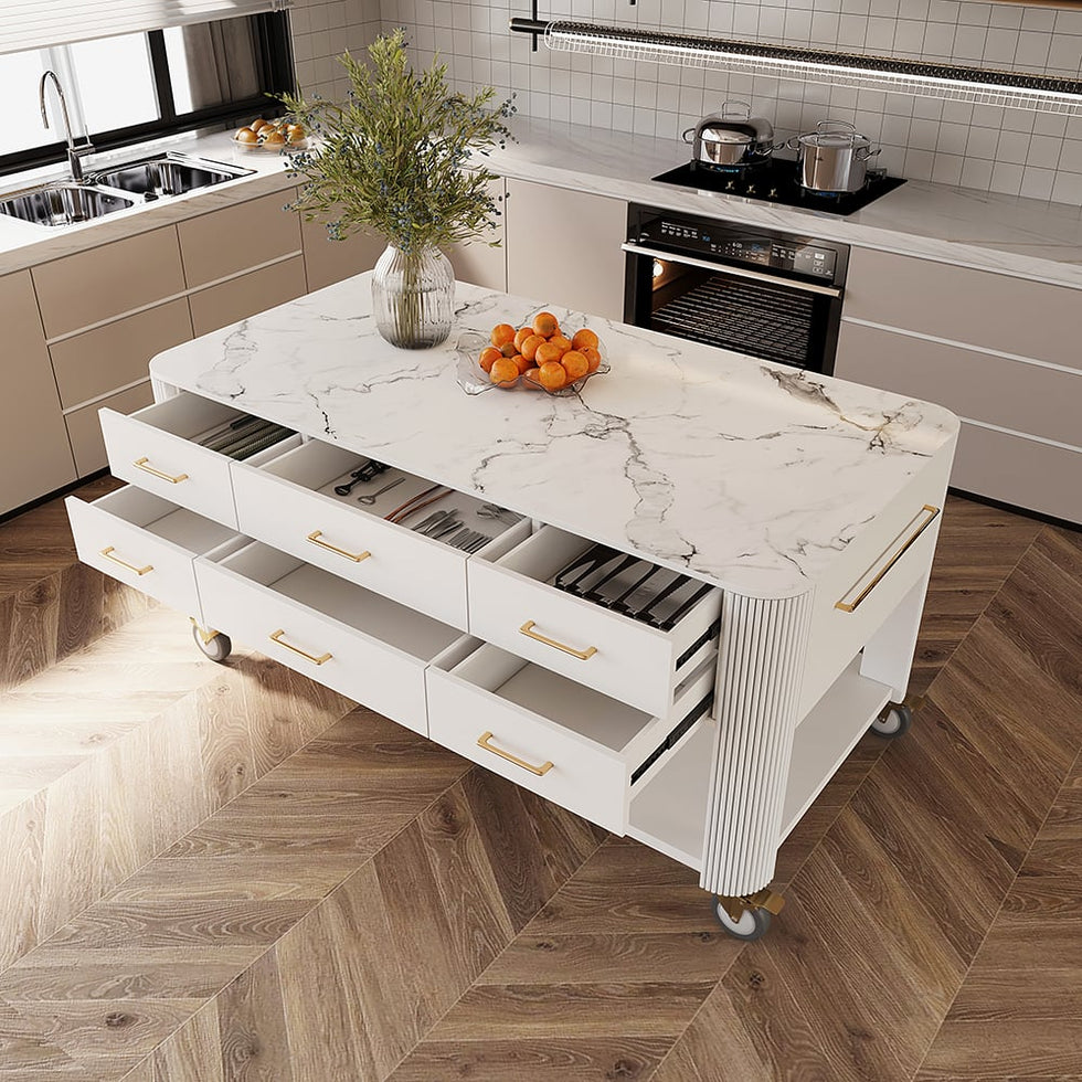 HMR - 60" White Kitchen Island with Wheels Modern Kitchen Cabinet Drawers&Doors&Shelf