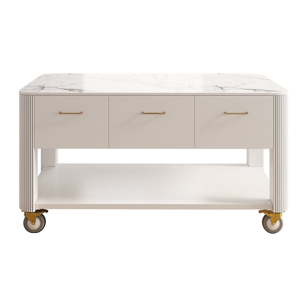 HMR - 60" White Kitchen Island with Wheels Modern Kitchen Cabinet Drawers&Doors&Shelf