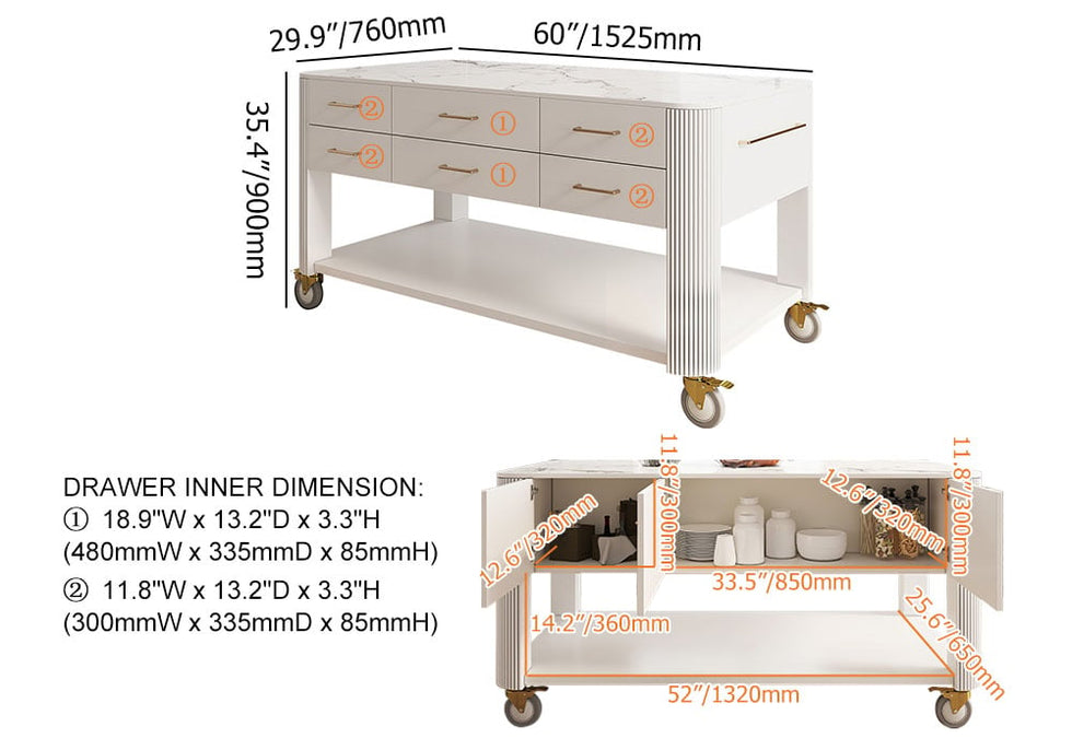 HMR - 60" White Kitchen Island with Wheels Modern Kitchen Cabinet Drawers&Doors&Shelf
