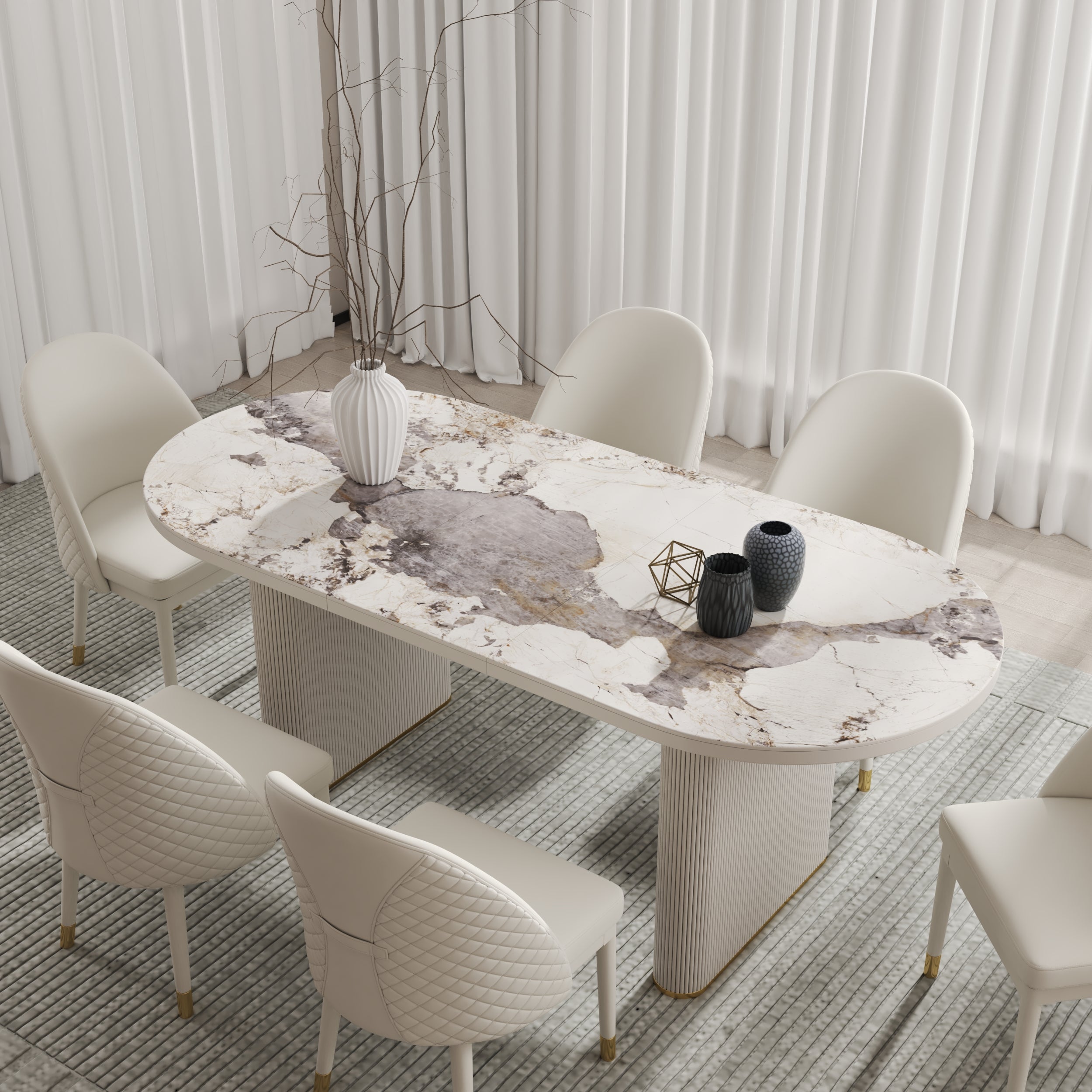 HMR - 79''-95'' Oval Extendable Sintered Stone Top Dining Table Seats 8-10