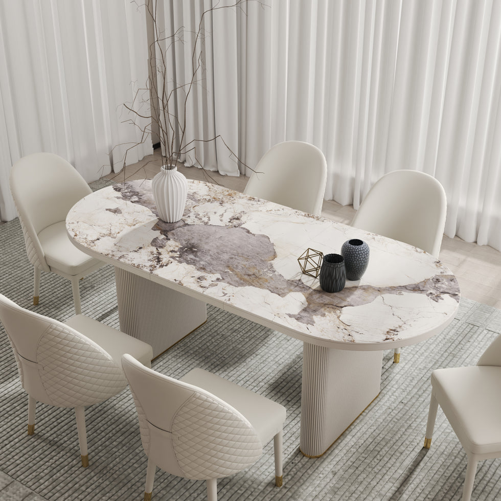 HMR - 79''-95'' Oval Extendable Sintered Stone Top Dining Table Seats 8-10