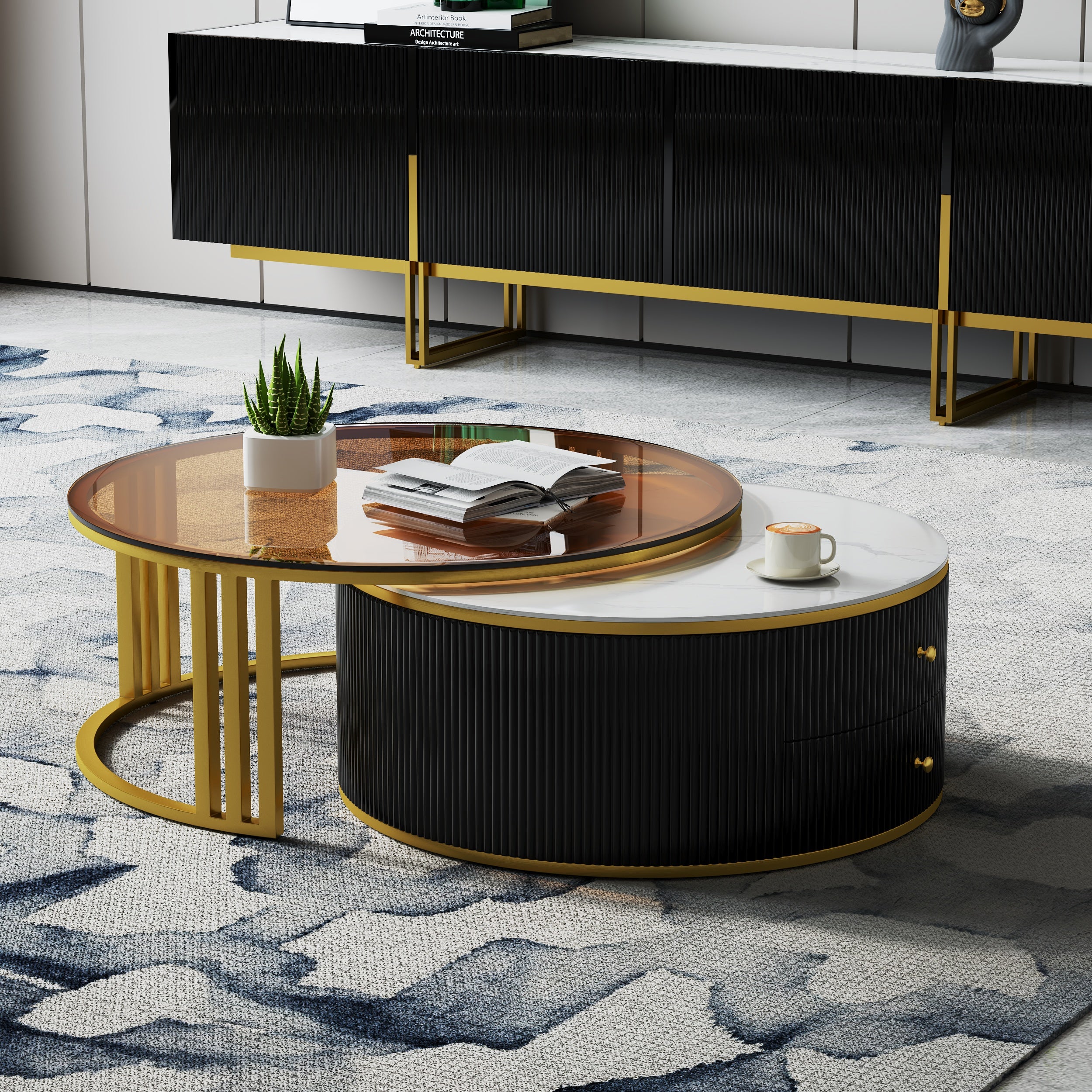HMR - Grovyn Round Sintered Stone Glass Nesting Coffee Table Set (28"-32")