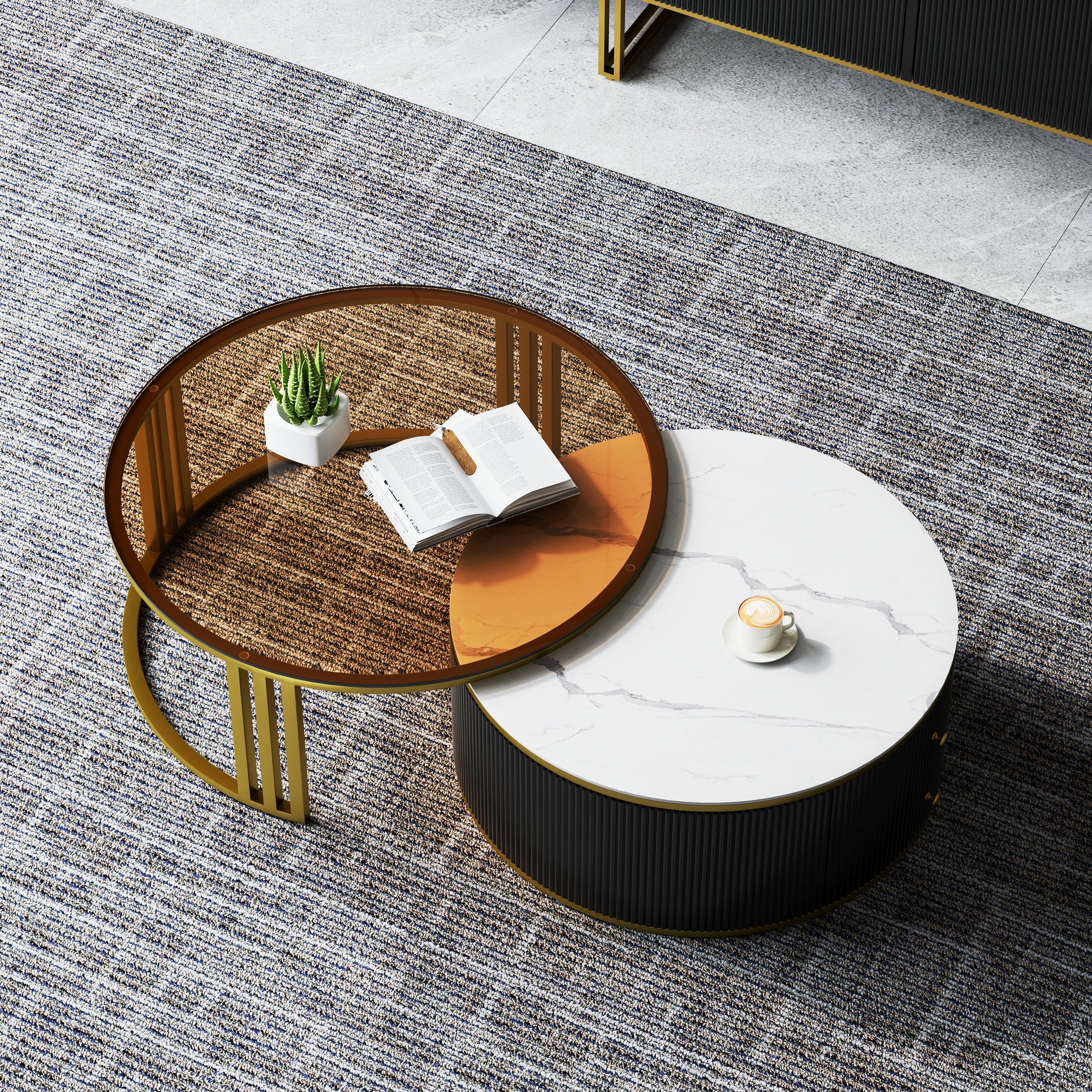 HMR - Grovyn Round Sintered Stone Glass Nesting Coffee Table Set (28"-32")