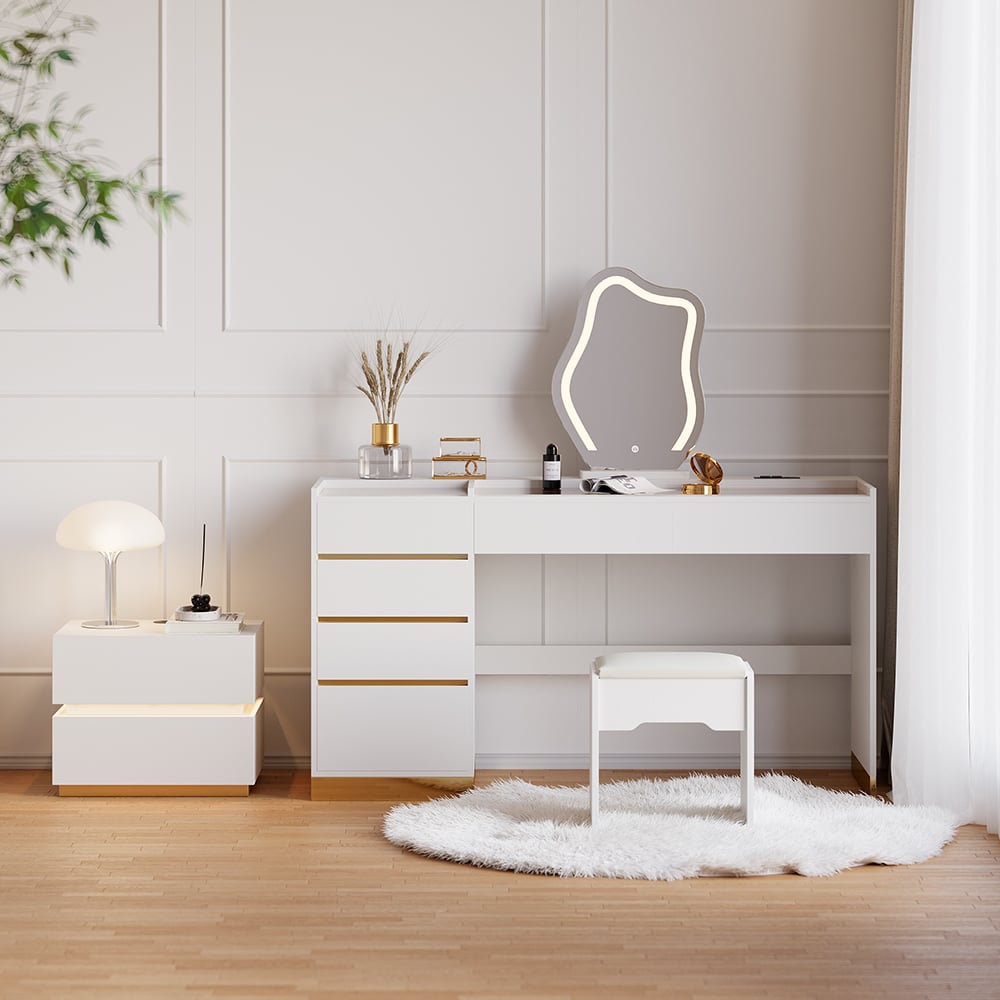 HMR - LED Mirror Makeup Vanity Set with 2 Smart Nightstands