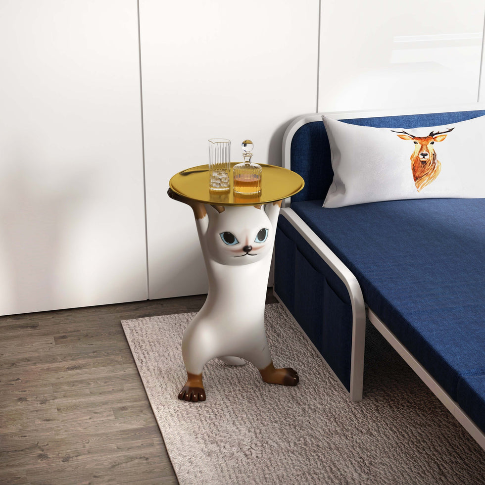 HMR - Cat Deco Resin Figurine Side Table with Tray Top