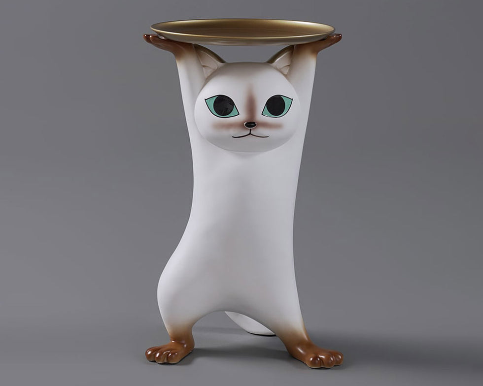HMR - Cat Deco Resin Figurine Side Table with Tray Top