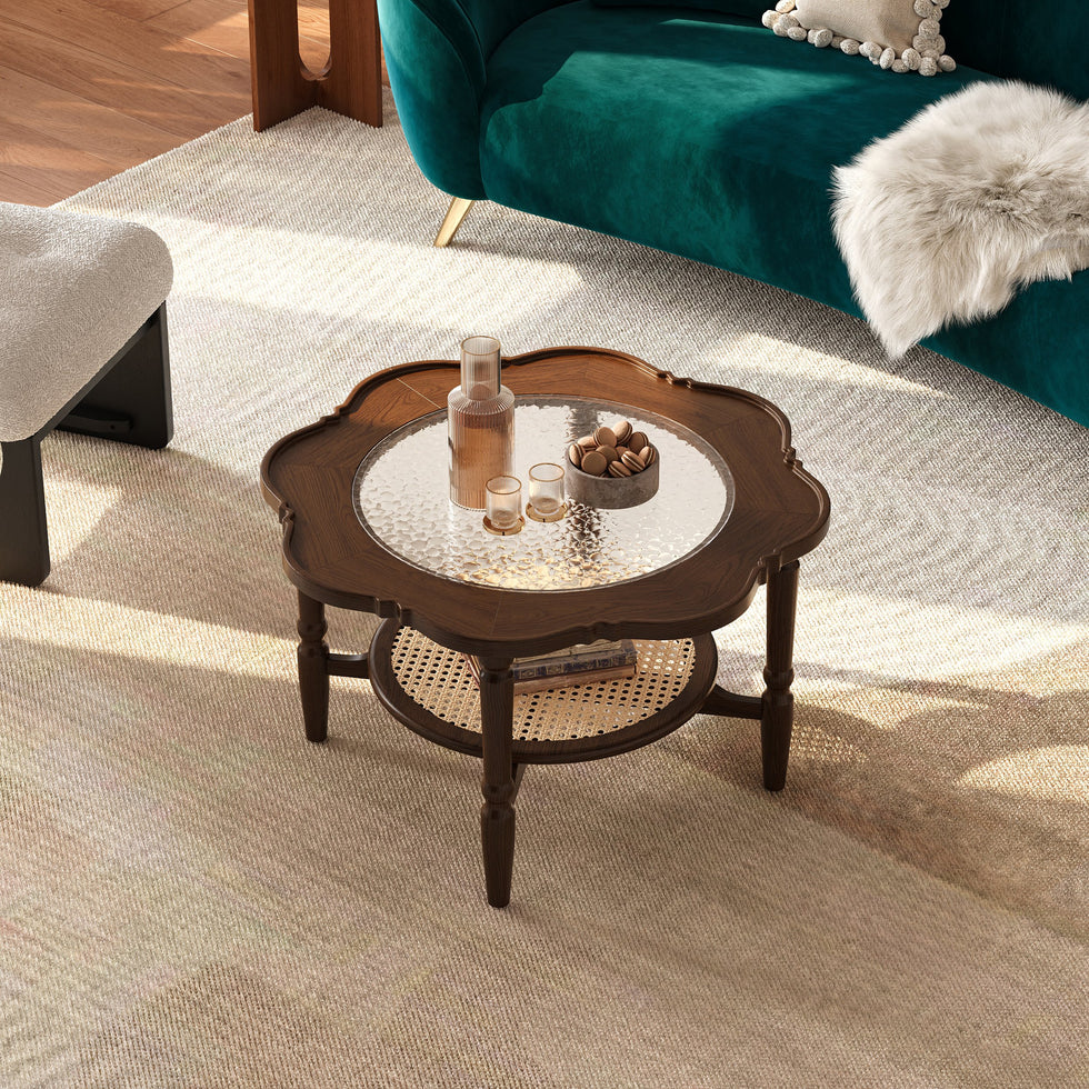 HMR - 31.5" Walnut Glass Top Wood Rattan 2-Tiered Coffee Table