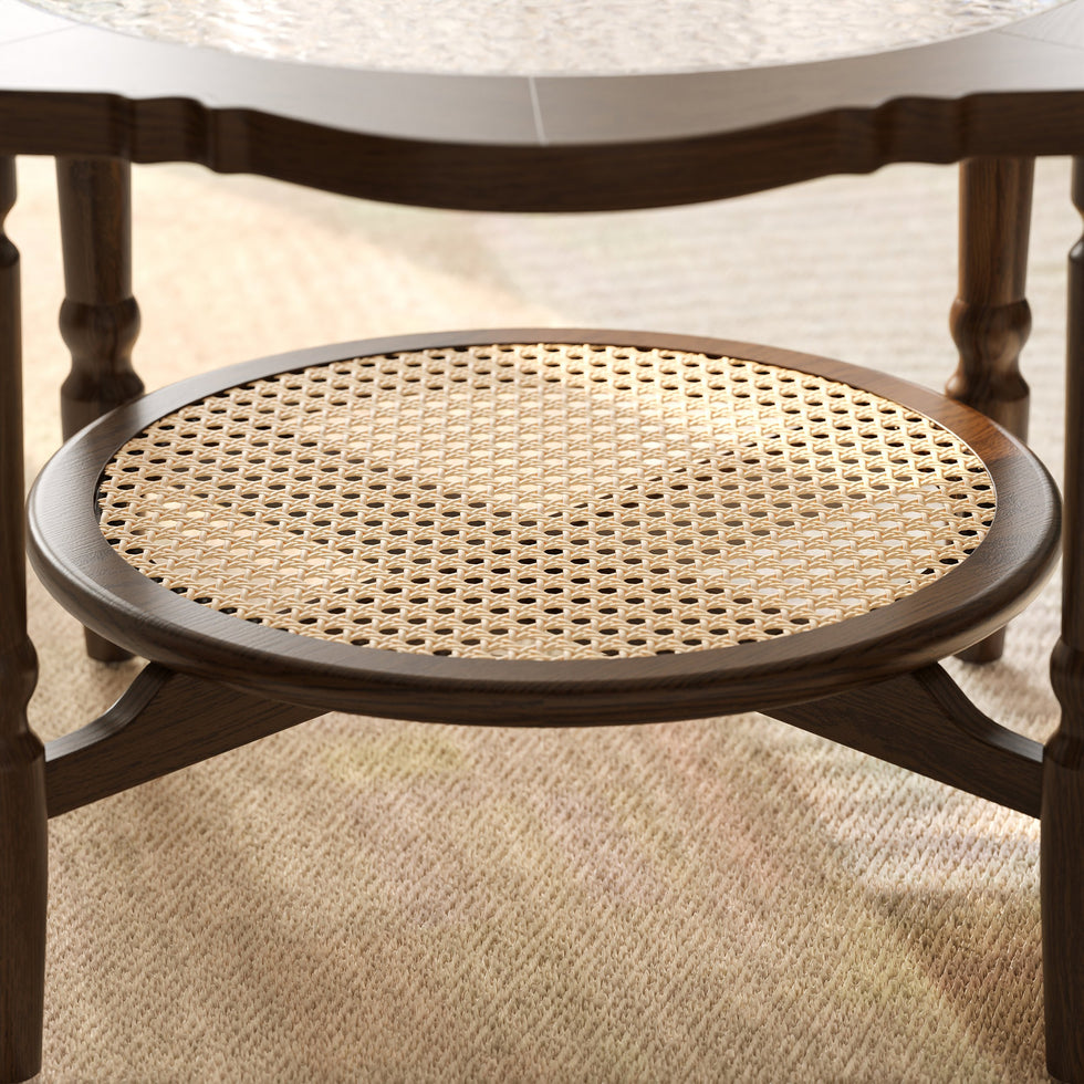 HMR - 31.5" Walnut Glass Top Wood Rattan 2-Tiered Coffee Table