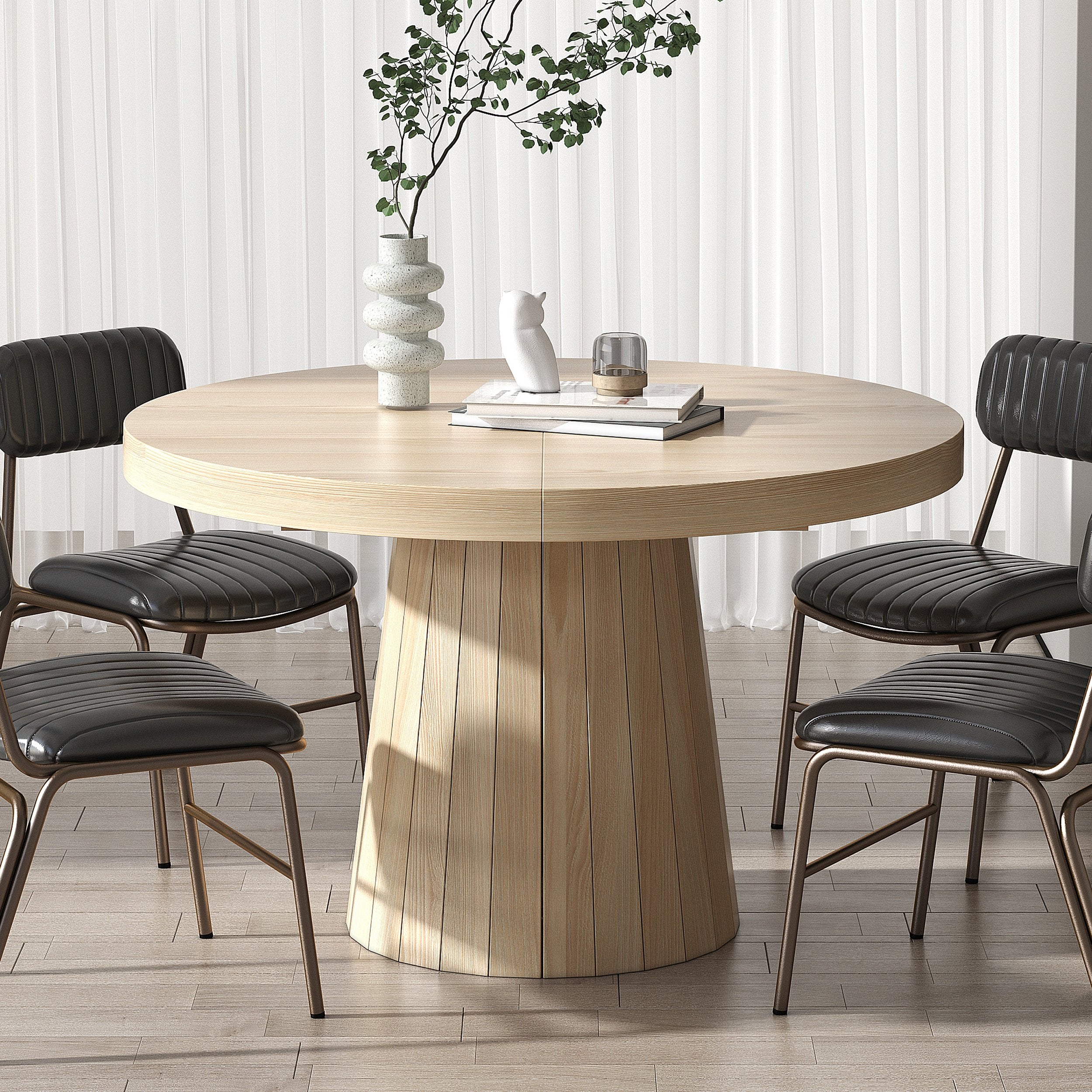 HMR - 39"-55" Japandi Style Oval & Round Extendable Wood Dining Table (Seats 4-6 People)