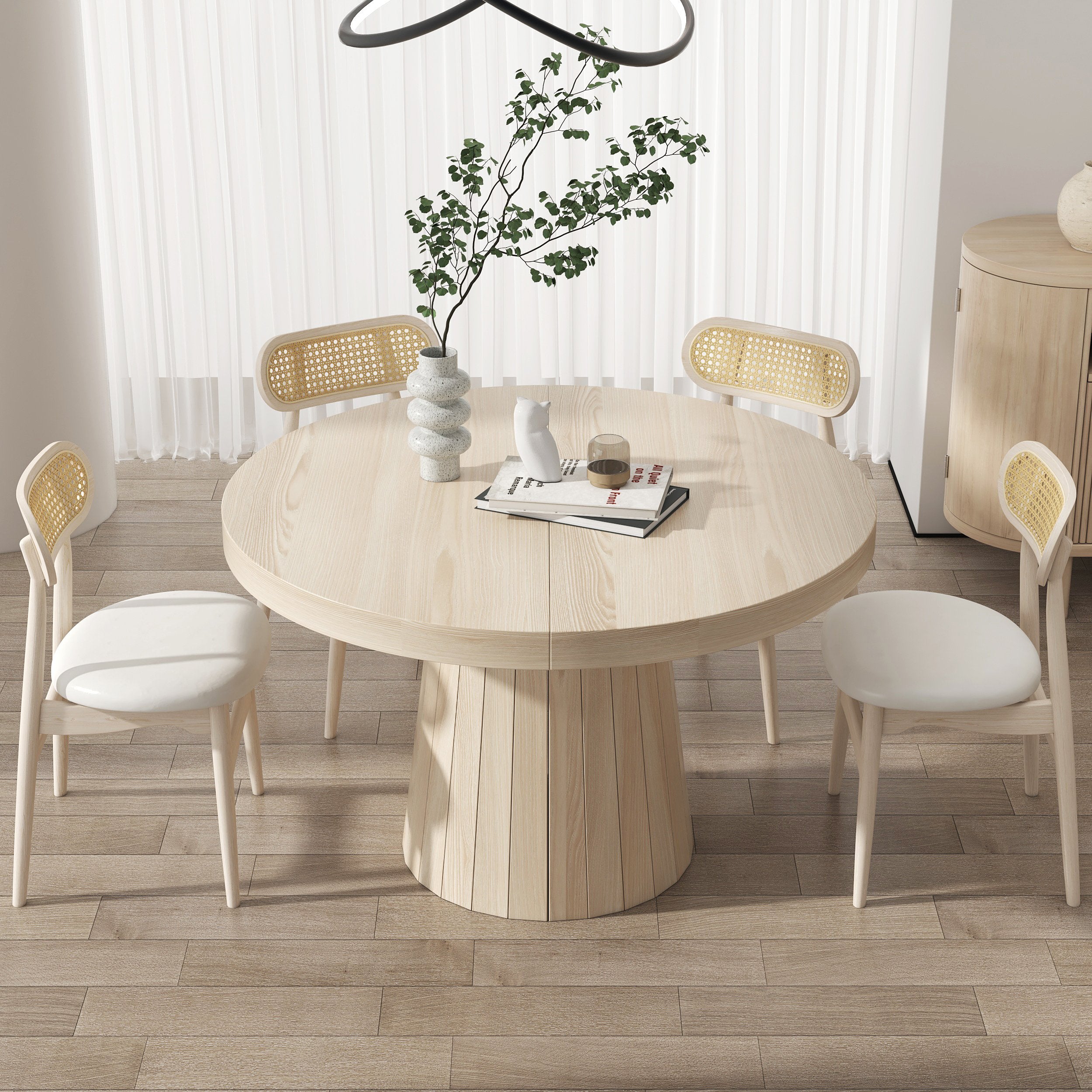 HMR - 39"-55" Japandi Style Oval & Round Extendable Wood Dining Table (Seats 4-6 People)