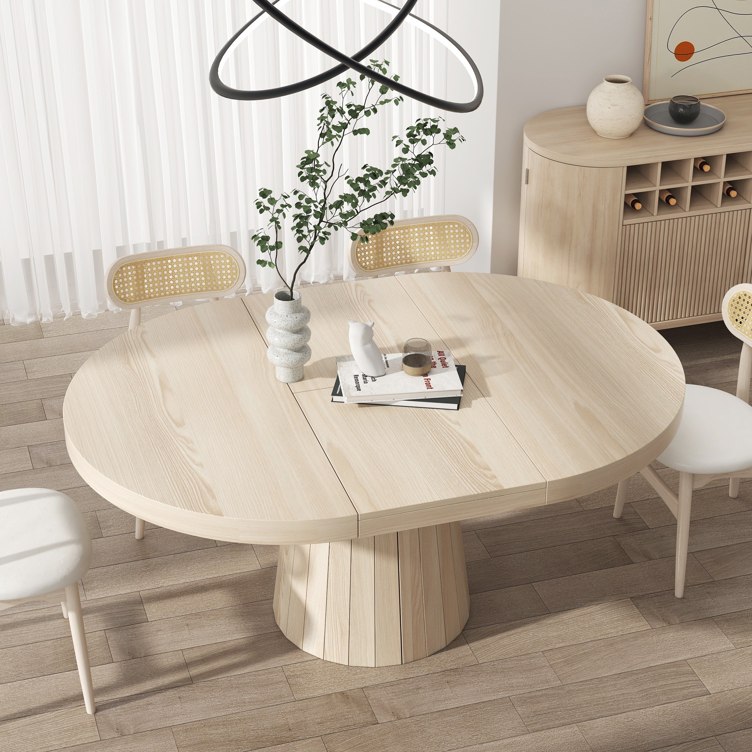 HMR - 39"-55" Japandi Style Oval & Round Extendable Wood Dining Table (Seats 4-6 People)
