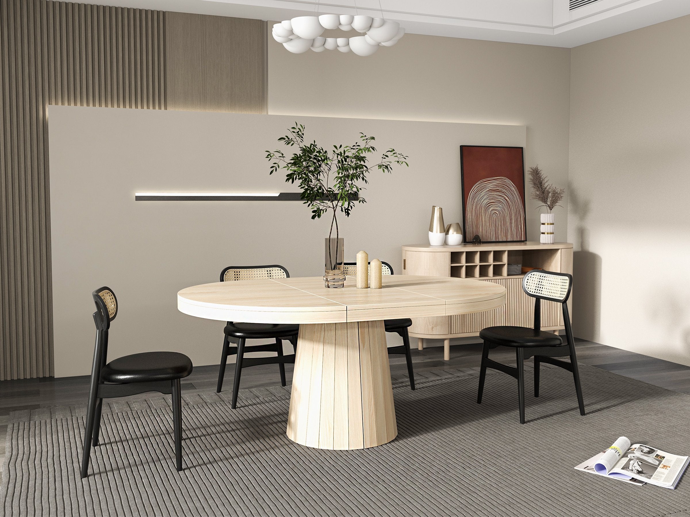 HMR - 39"-55" Japandi Style Oval & Round Extendable Wood Dining Table (Seats 4-6 People)