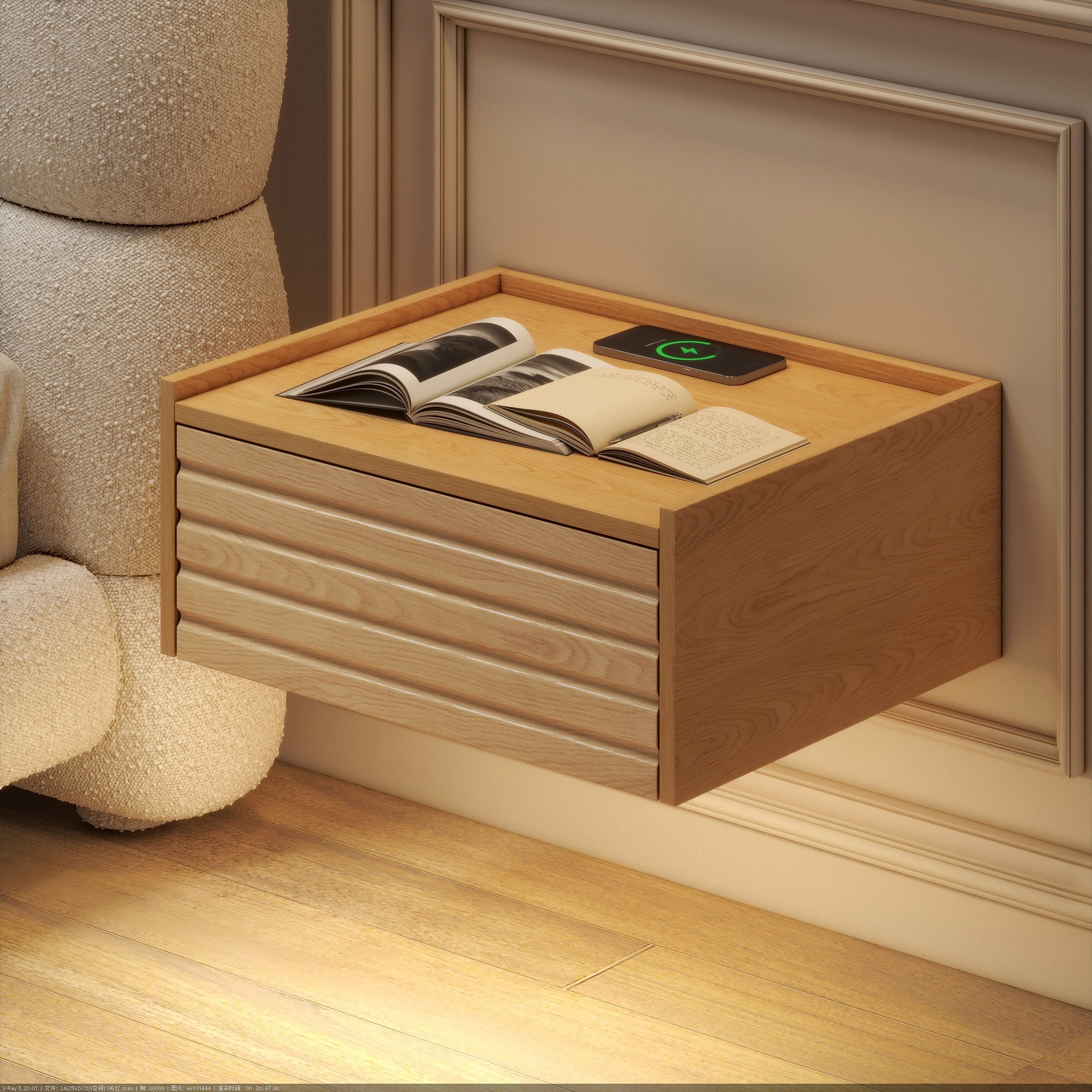 HMR - Floating Wooden Nightstand with Light & Charging Station