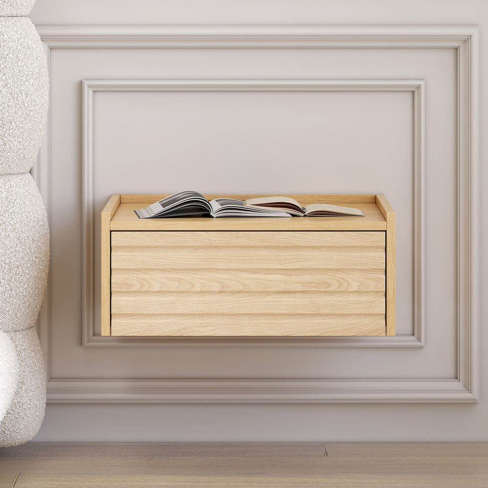 HMR - Floating Wooden Nightstand with Light & Charging Station