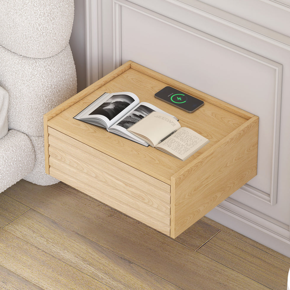 HMR - Floating Wooden Nightstand with Light & Charging Station