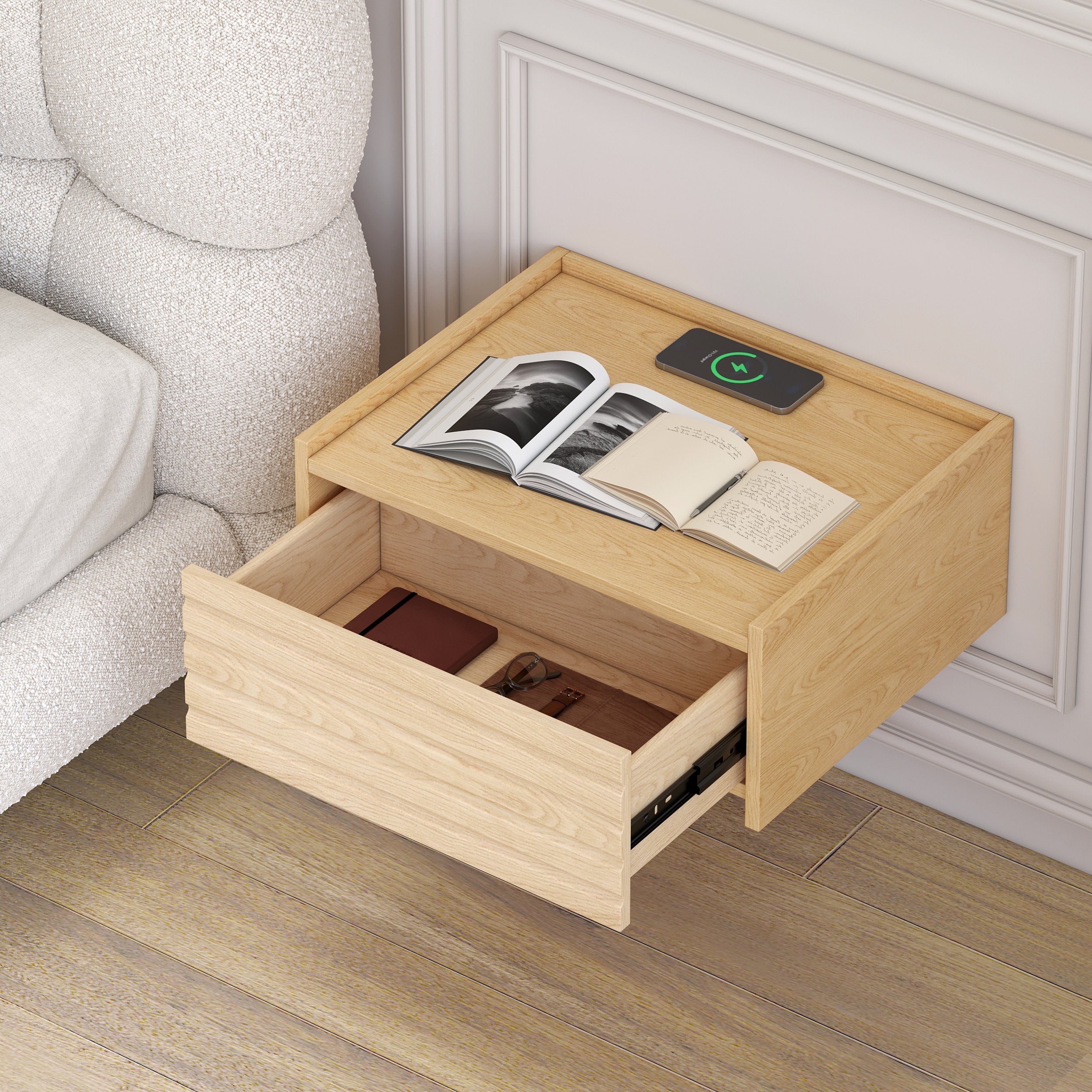 HMR - Floating Wooden Nightstand with Light & Charging Station