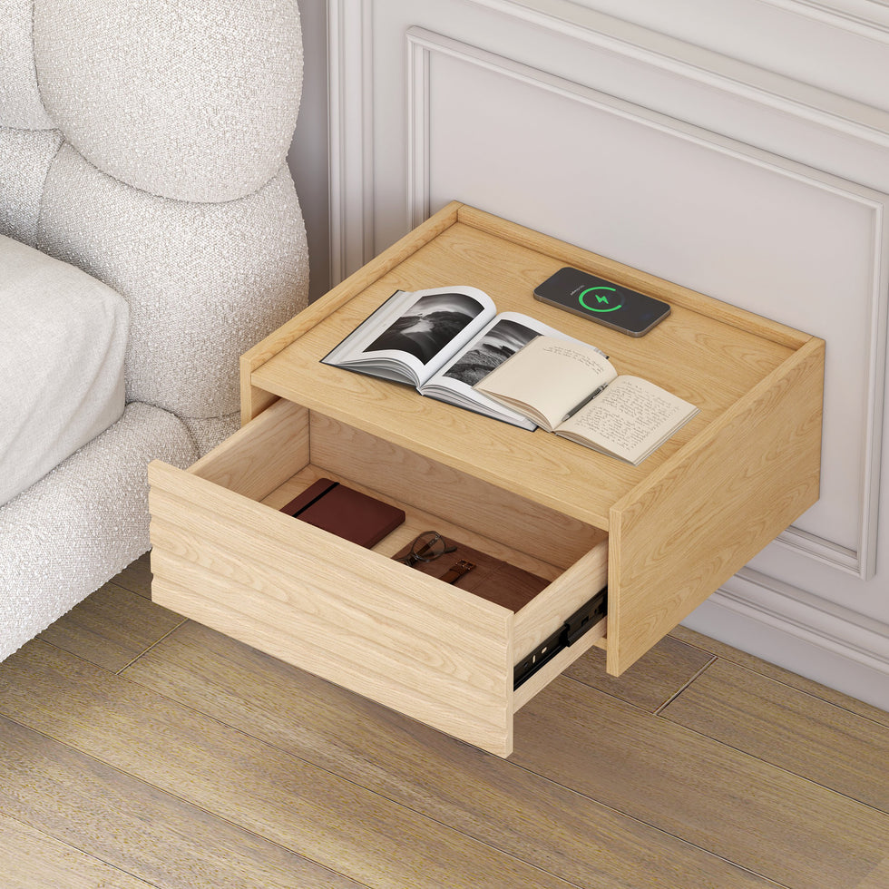 HMR - Floating Wooden Nightstand with Light & Charging Station