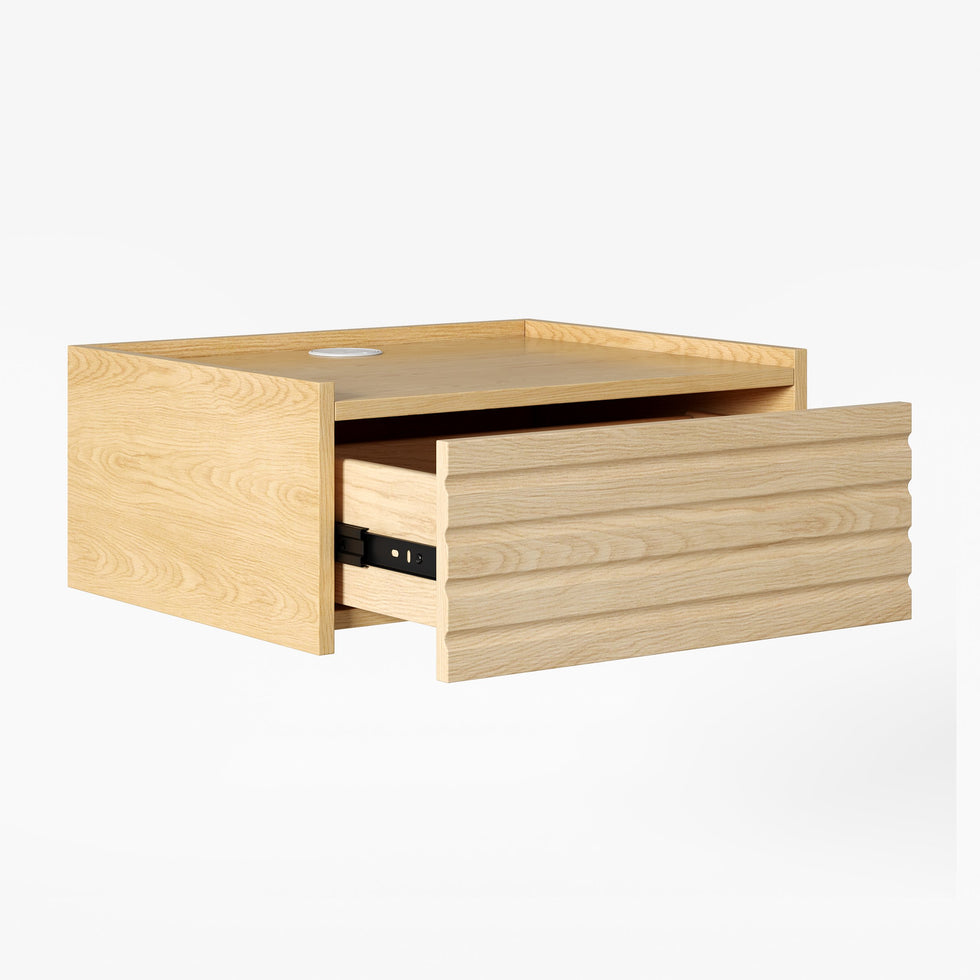 HMR - Floating Wooden Nightstand with Light & Charging Station