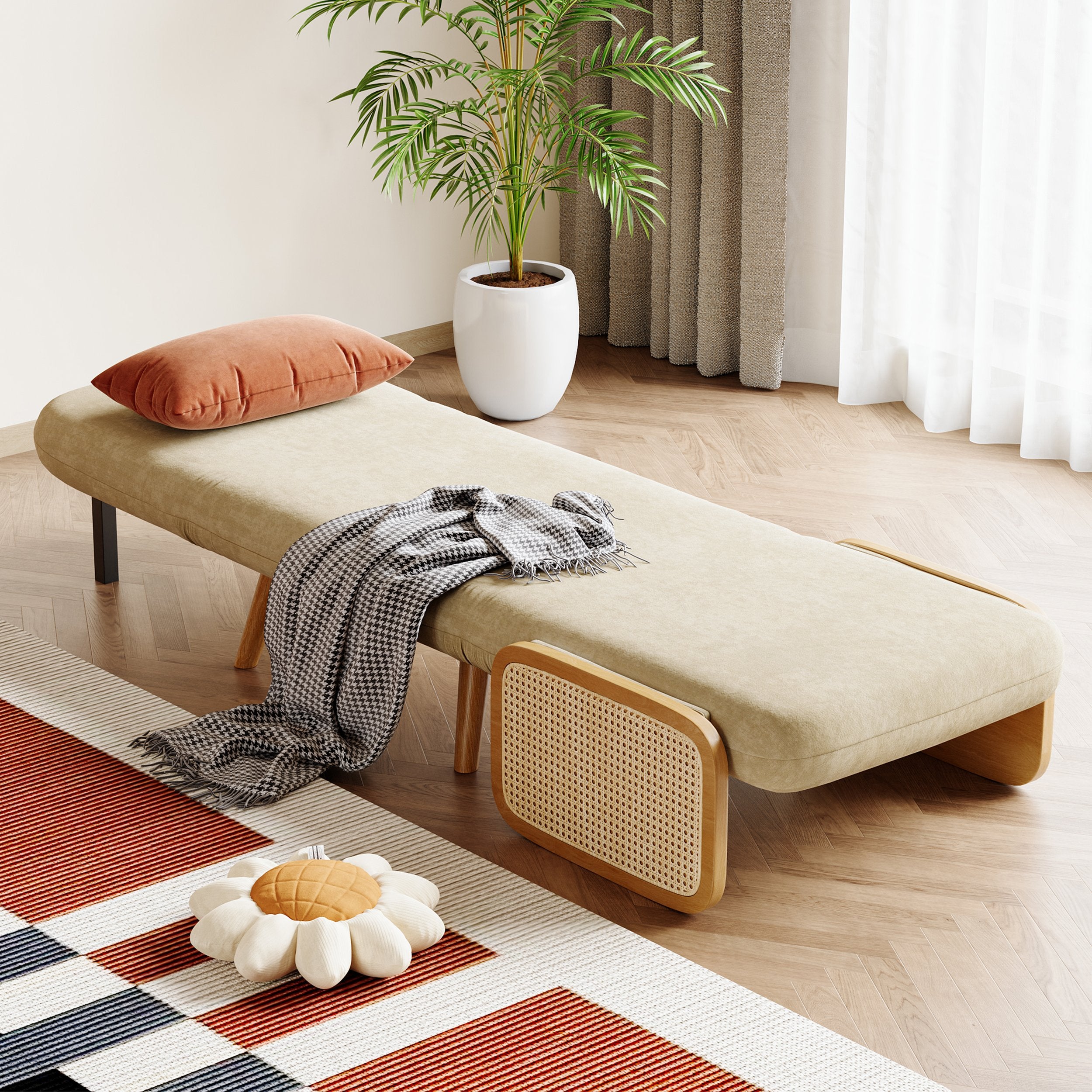 HMR - 28" Twin Velvet & Rattan Sleeper Sofa Bed Chair