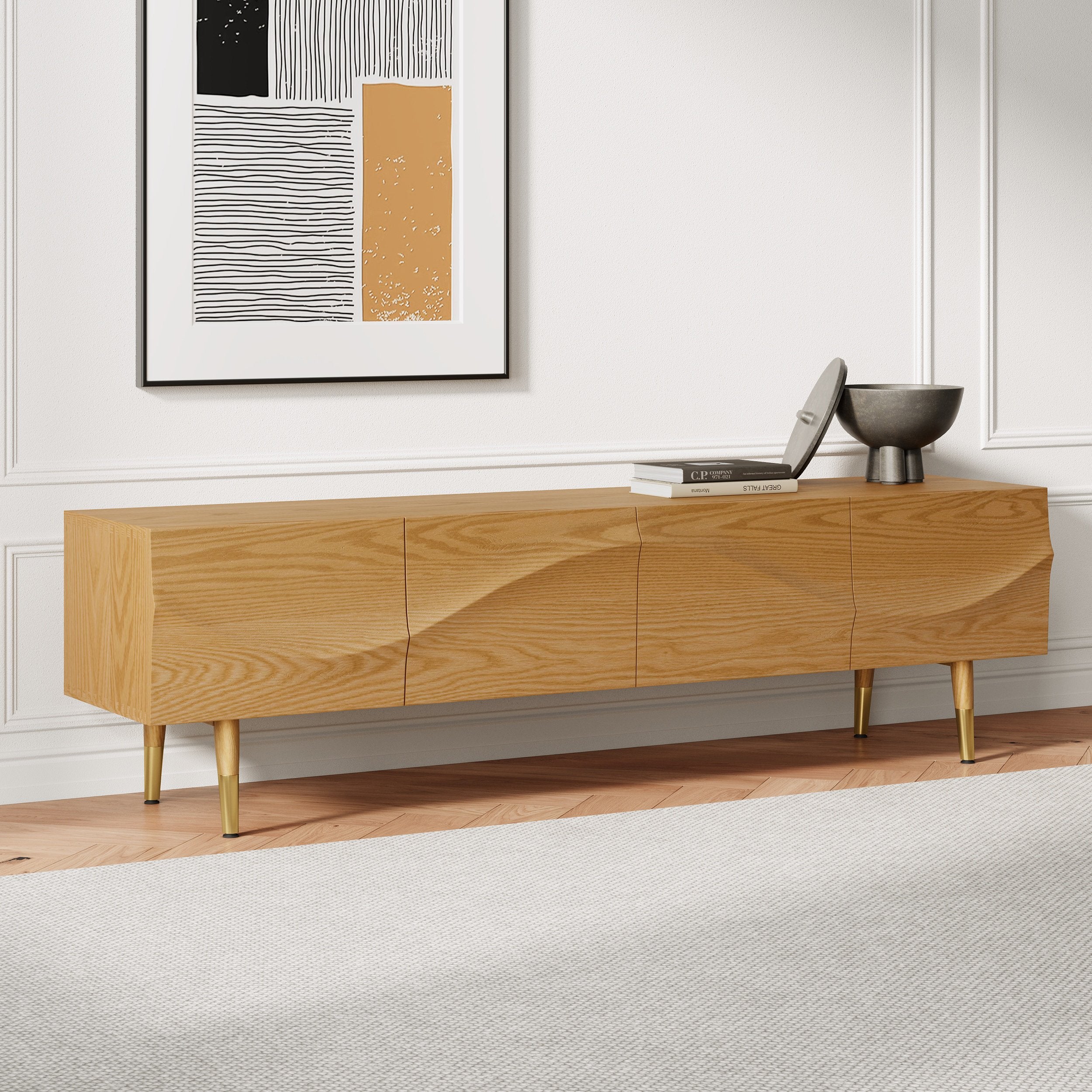 HMR - Lake Mid Century TV Stand with Wavy Design Storage 4 Drawers for TVs Up to 75"