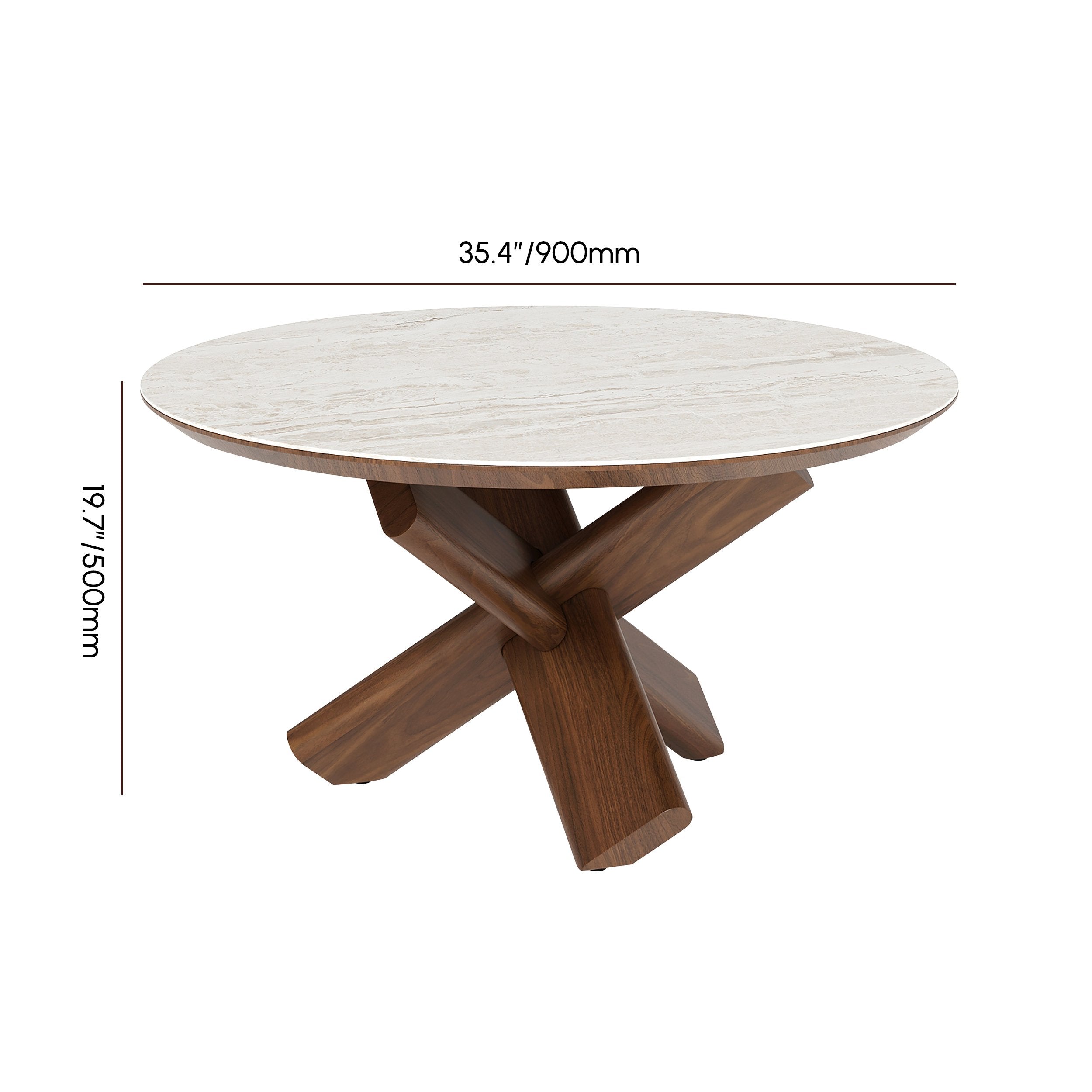 HMR - 35" Round Travertine Stone Top Solid Wood Coffee Table
