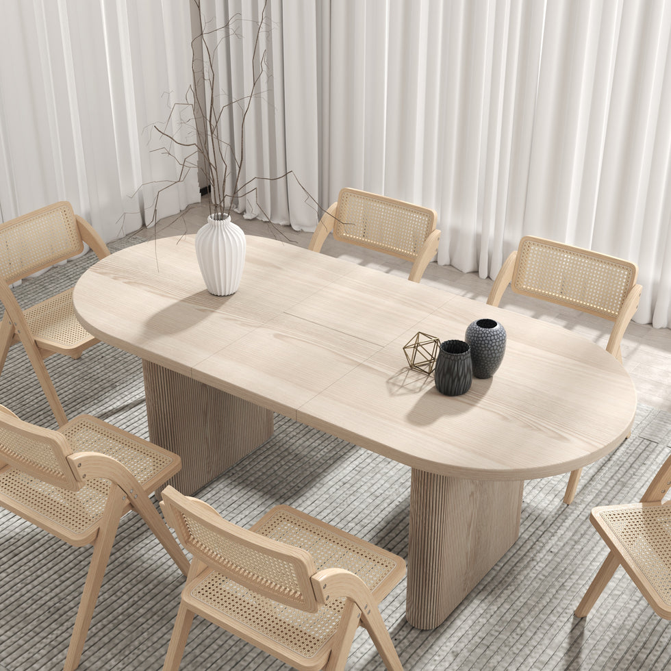 HMR - Dining Set 63"-79" Japandi Oval Extendable Dining Table Whitewash with Chairs
