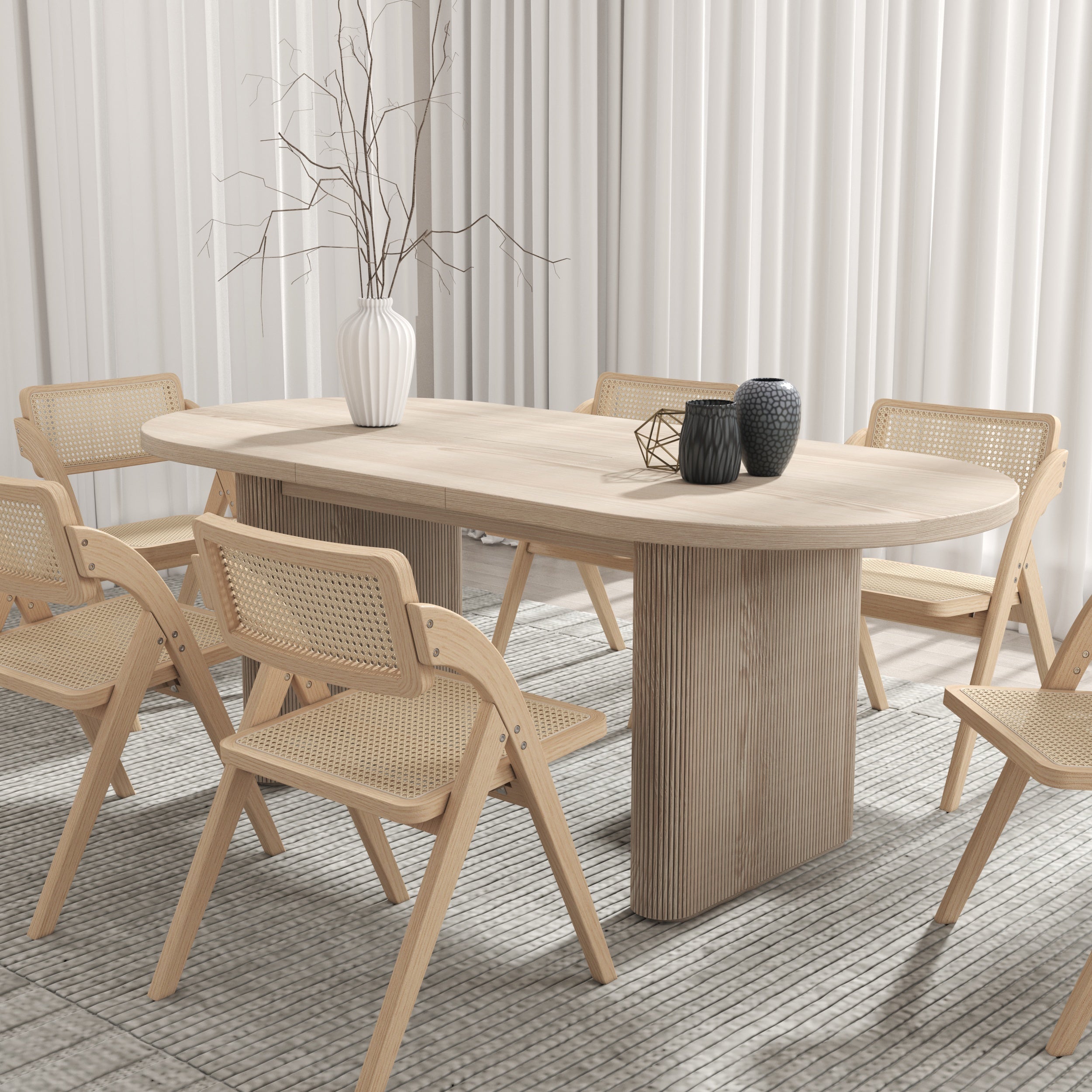 HMR - Dining Set 63"-79" Japandi Oval Extendable Dining Table Whitewash with Chairs