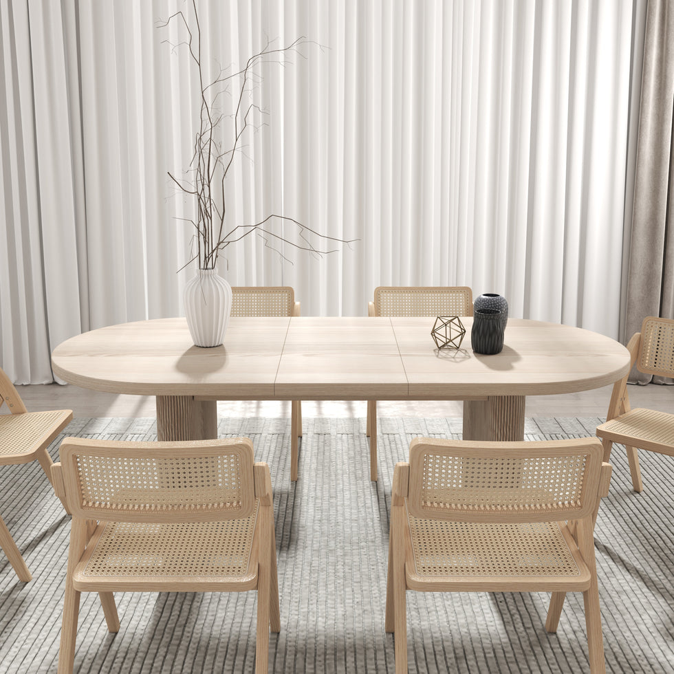 HMR - Dining Set 63"-79" Japandi Oval Extendable Dining Table Whitewash with Chairs